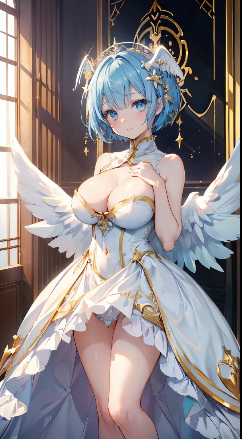 extra detailed face, Perfect Lighting, extremely details CG, 4K、8K、be shy、mournful smile、(Perfect hands, Perfect Anatomy)、Ultra-realistic photo of a girl in a majestic white and golden ball gown dress, Big beautiful dress, Complex puffy ball gown with lots of frills and rhinestones (Best Quality, masutepiece, ((Angel wings:1.2))。 art  stations, Fantasy Art:1.2), Palace rooms, Beautiful cute girl, Rem of Rezero、(Blue shorthair:1.3), Bangs hide one eye、(Complex short gold skirt, Bare legs:1.2, Full body shot)、very Bigger breasts、cleavage of the breast、Nipples show through、White panties、(Clearly visible detailed female pubic shape: 1.4)、skirt rift、