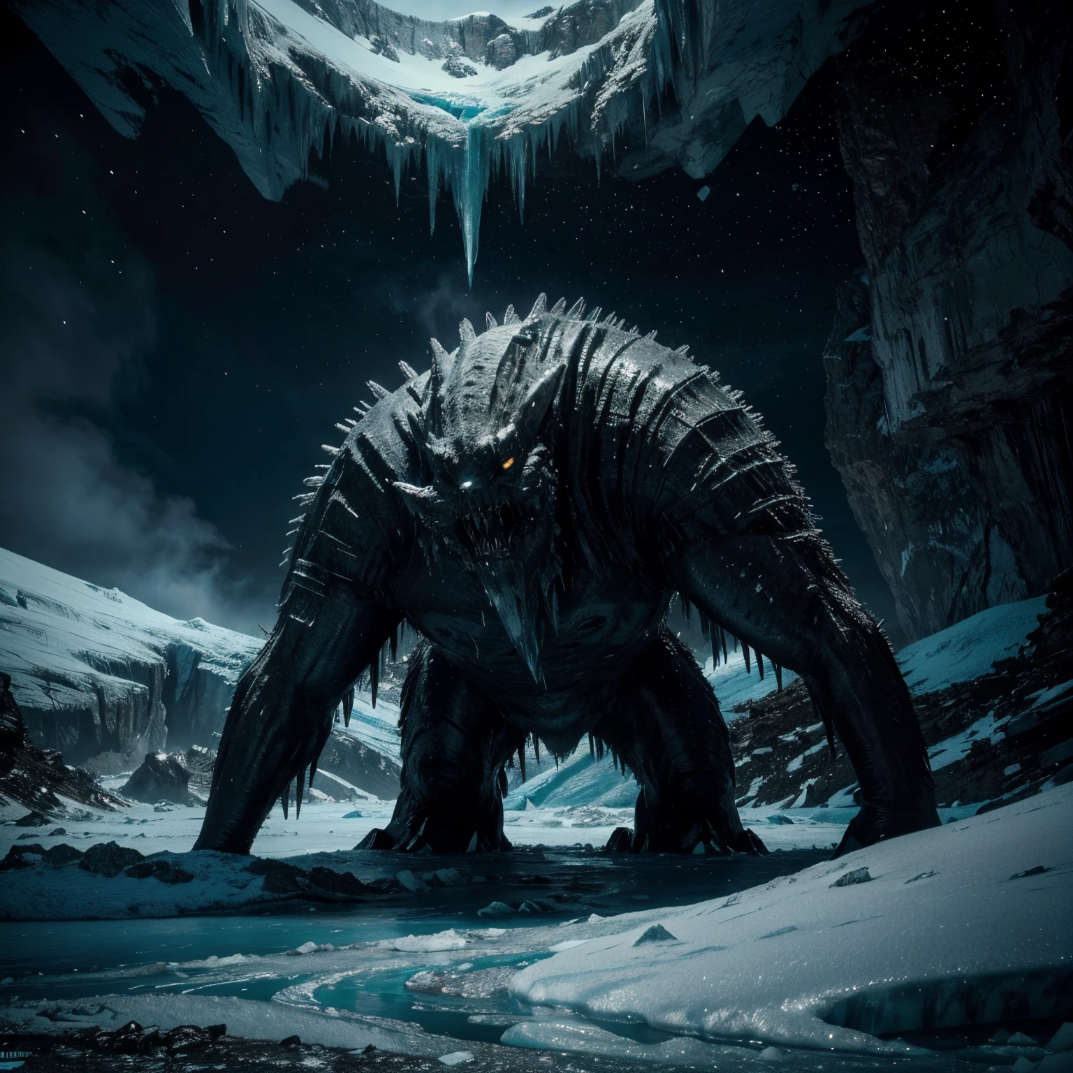 (best quality,4k,8k,highres,masterpiece:1.2),ultra-detailed,realistic,Monstruo de la antartida,ice creature,scary,horror,massive,beast,giant,sinister,spiky skin,frozen environment,towering glacier,mysterious,icy breath,glistening ice crystals,menacing presence,dark shadows,frigid temperatures,desolate landscape,ominous,huge claws,glowing blue eyes,unsettling howls,arctic storm,vivid colors,terrifying,monstrous silhouette,harsh winds,dangerous,otherworldly,brutal,creature of the ice depths,icy scales,unforgiving wilderness,isolated,treacherous terrain,abominable,icy winds,unseen horrors,ominous rumblings,battle scars,glacier cave,forbidding,dreadful ice monster