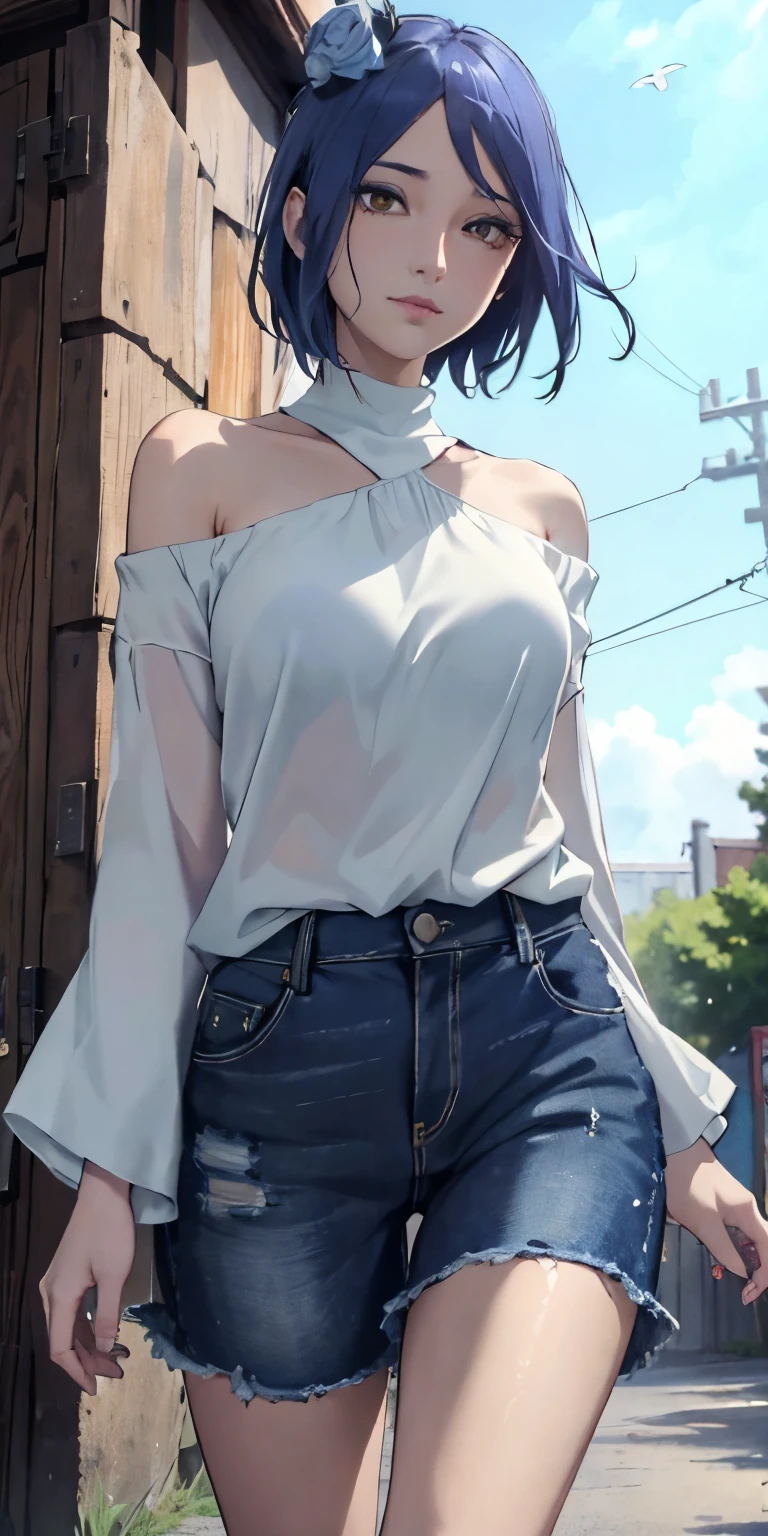 （8K，RAW photogr），（Best quality），（tmasterpiece），（realistically，）（Realism vs.. hentail realism），（A high resolution），hyper-detailing，（Endless realism：1.1），beauitful face，
（1female：1.1），Female pervert，（looking at the viewer only），Denim lenses，jpn，
Robin\（A piece of\），（比基尼：1.1），La Brett piercing，（Lop:1.5），（Off-the-shoulder attire:1.5)，ssmile，face flushed，Upper body photo Dark blue hair，（Flying White Paper:1.5）
profesional lighting、フォトンマッピング、physically-based renderingt、
Summer theme，