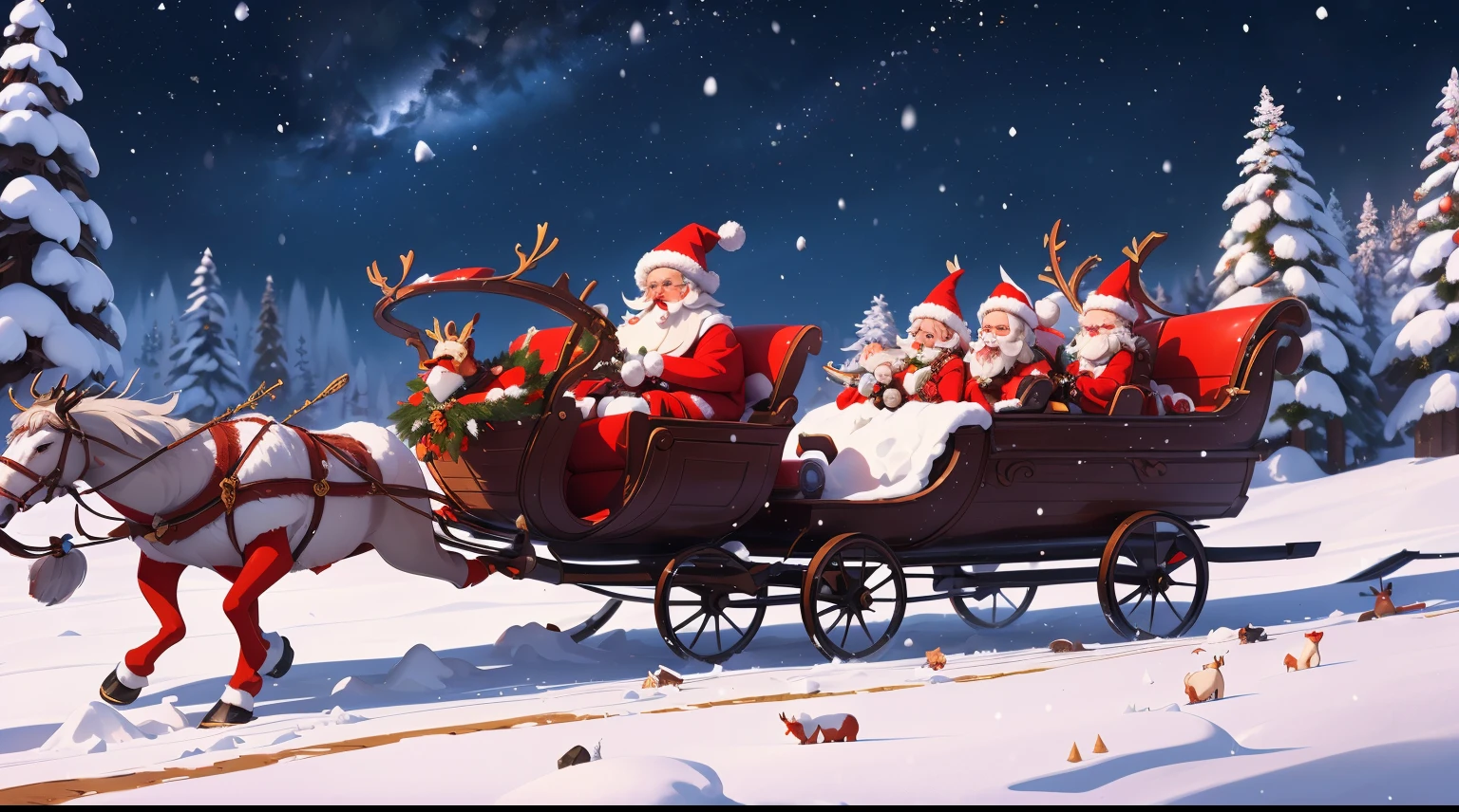 santa claus riding in a sleigh with 8 reindeers, santa, night, night time, dark sky, stars in the sky, happy!!!, high quality, detail eye, beautiful face, good eye, detail eye, beautiful face, good eye, snow road