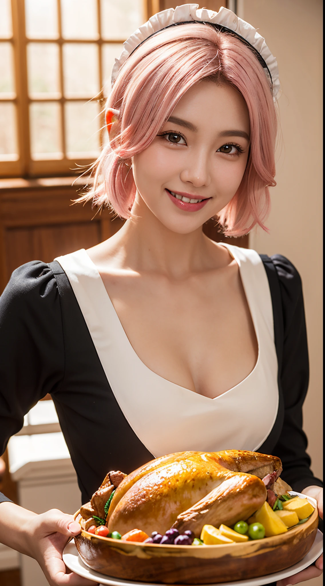(masterpiece:1.2, best quality), (real picture, intricate details), raytracing, detailed face, extremely detailed CG unity 8k wallpaper, 1girl, pink hair, dynamic angle, black and white maid costume, smile , golden eye , foods , big turkey thanksgiving,