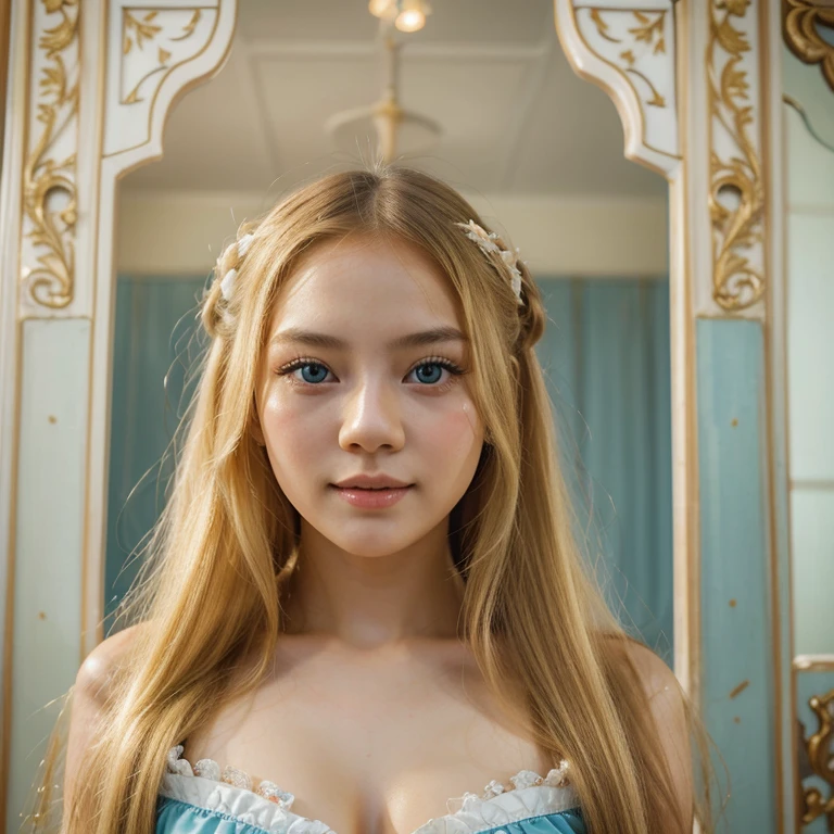 (best quality,highres),thai girl,woman with long hair, young, lolita style, vibrant colors, blond hair and blue eyes, porcelain skin, expressive eyes, playful smile, alluring charm, vintage fashion, dreamy atmosphere, soft lighting, intricate details, random sexy pose