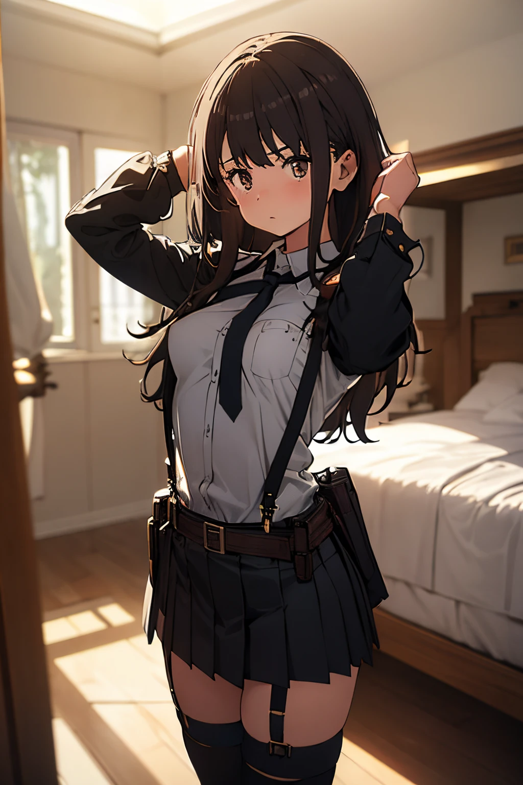 masterpiece、flat-colors、depth of fields、lens flare 1 girl、、Brown hair、watching at viewers black suspenders Bulging big breasts walls: Black miniskirt garters Gaze Small face bangss holster a belt Beautuful Women srestrained hands up Lying in bed Leg holster