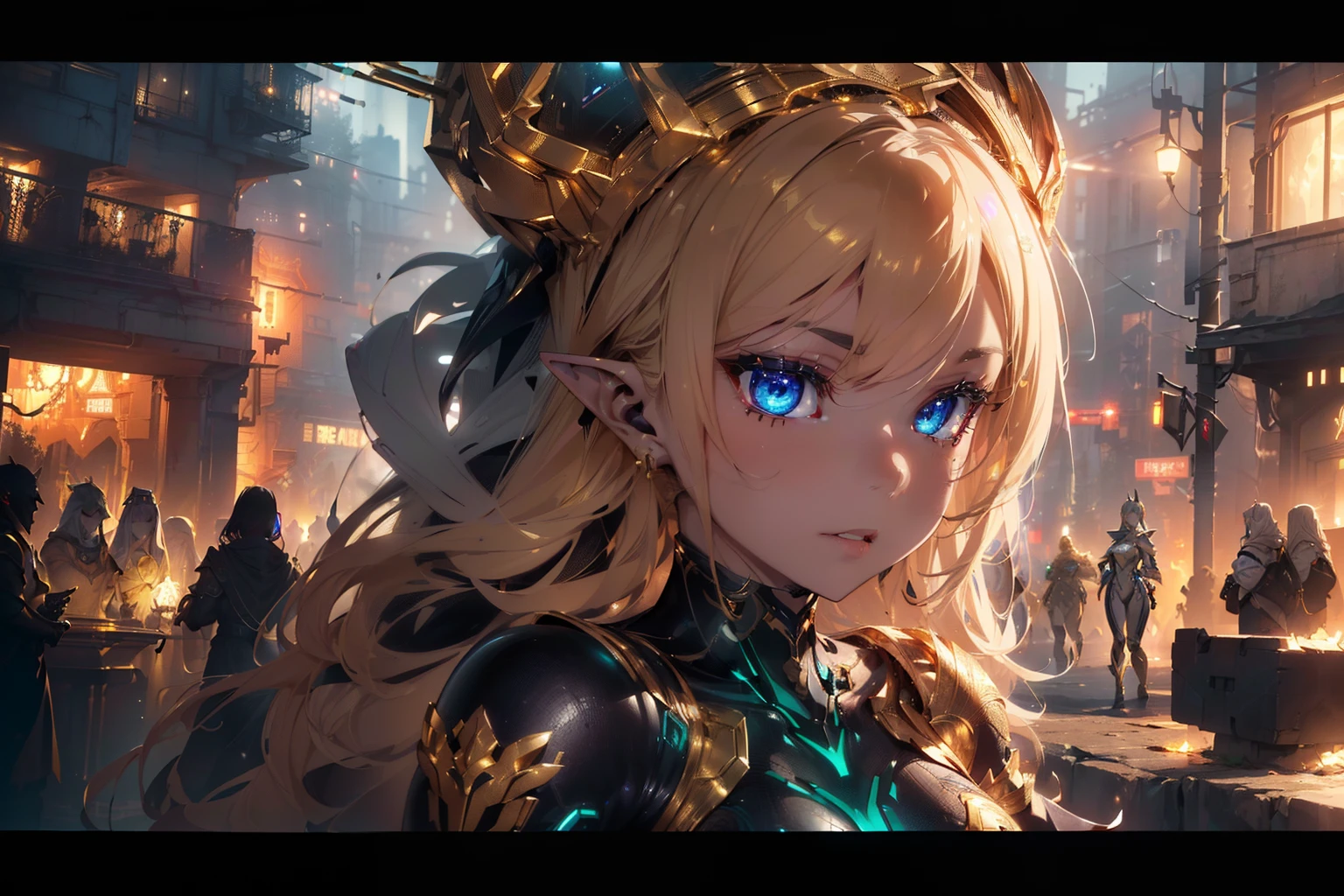 Elf, intricate perfect beauty face, detailed sharp glowing eyes, detailed face, (((from face to the waist))), (((beauty shape))), ((in realistic white neon-lit sci-fi mech plugsuit costume)), masterpiece, 4k, UHD (((wearing golden gauntlet with hyper realistic and detailed black))) (((aethereal aesthetic)))