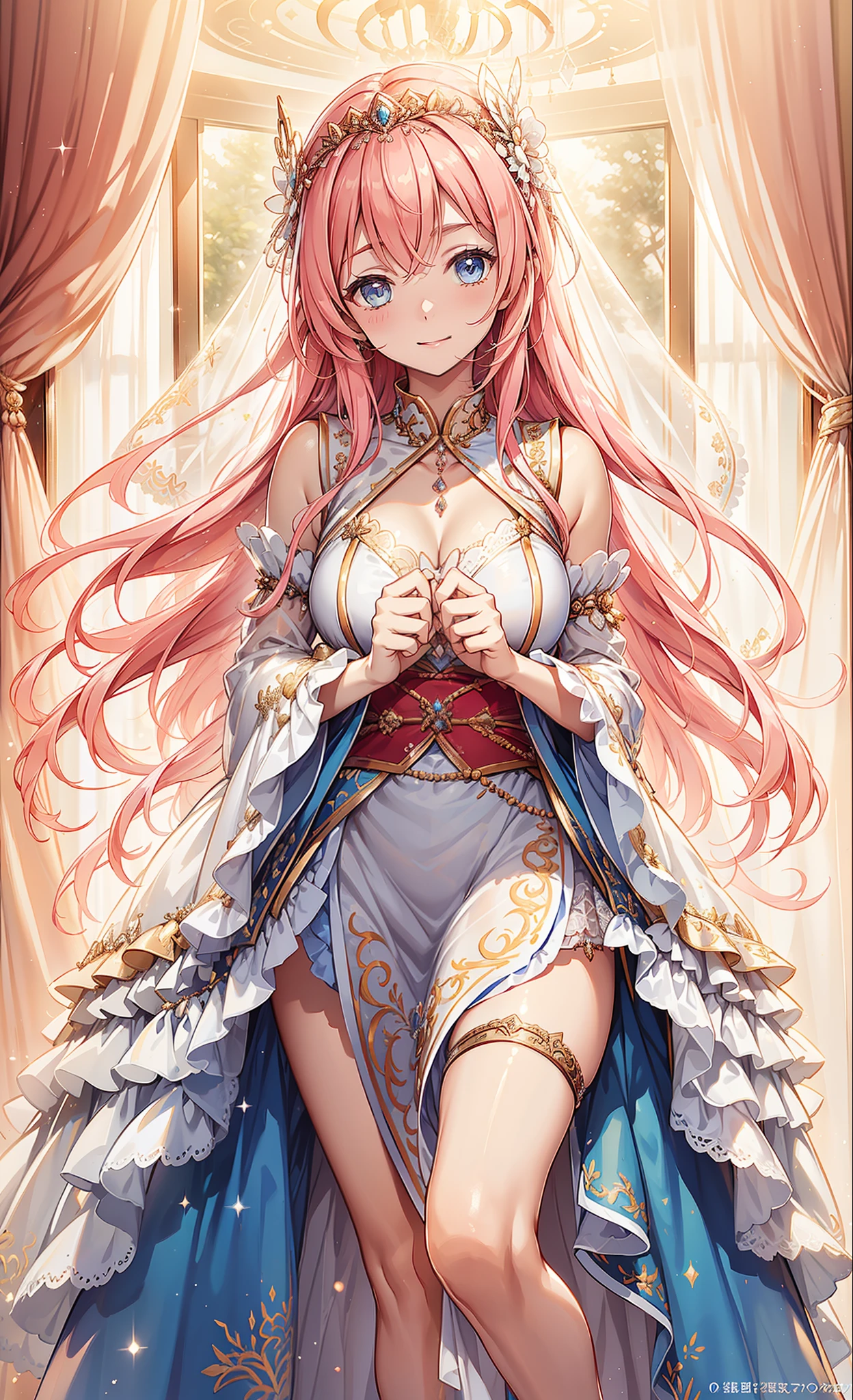 (Best quality, A high resolution, ctextured skin, high high quality, high detal,Extremely detailed CG unification),sixteen year old girl，obsessed，Divine happiness，Being in love，having fun，(Heavenly Maxi and Ballgown Combinations)，with pink hair，eBlue eyes，(Fabric headdress)，Maximalism，multi-layered ruffles，Lace，delicate embroidery，delicate patterns，Fabric headdress，dress nicely，sheer transparent clothes，Bedrooms，Sparkling，(Looks like it&#39;s covered by a transparent skirt:1.1)，电影灯光，natta，the only person，Fluttering skirts，exquisite and beautiful face