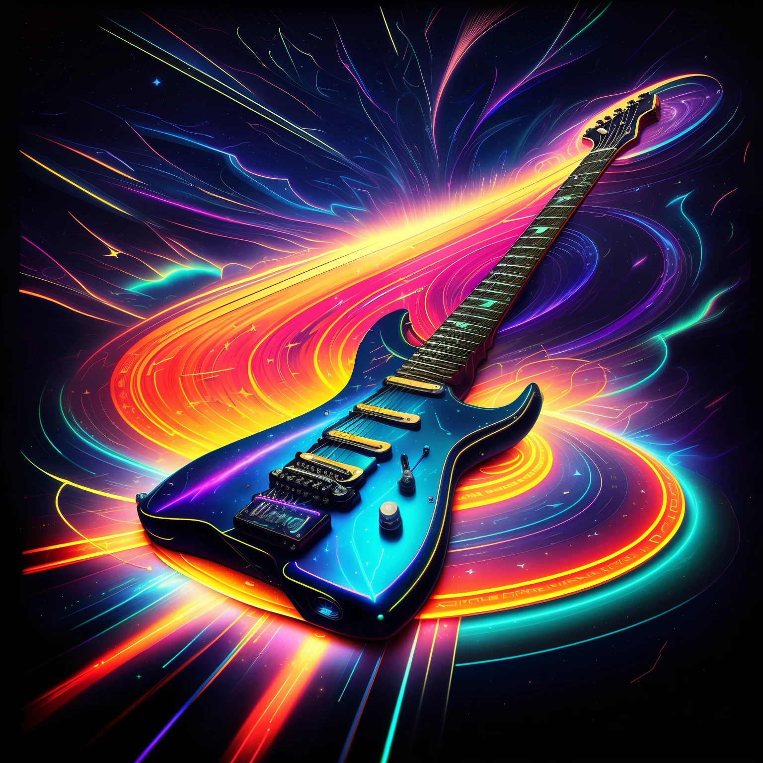 electric guitar，As the track extends，light speed，superspeed，starry sky notes background，with dynamism，neonlight，Extreme rainbow flow：：4 lighting，High resolution 8K，super detailing，complexdetails，cinmatic lighting：：1，--ar9:16，--V5