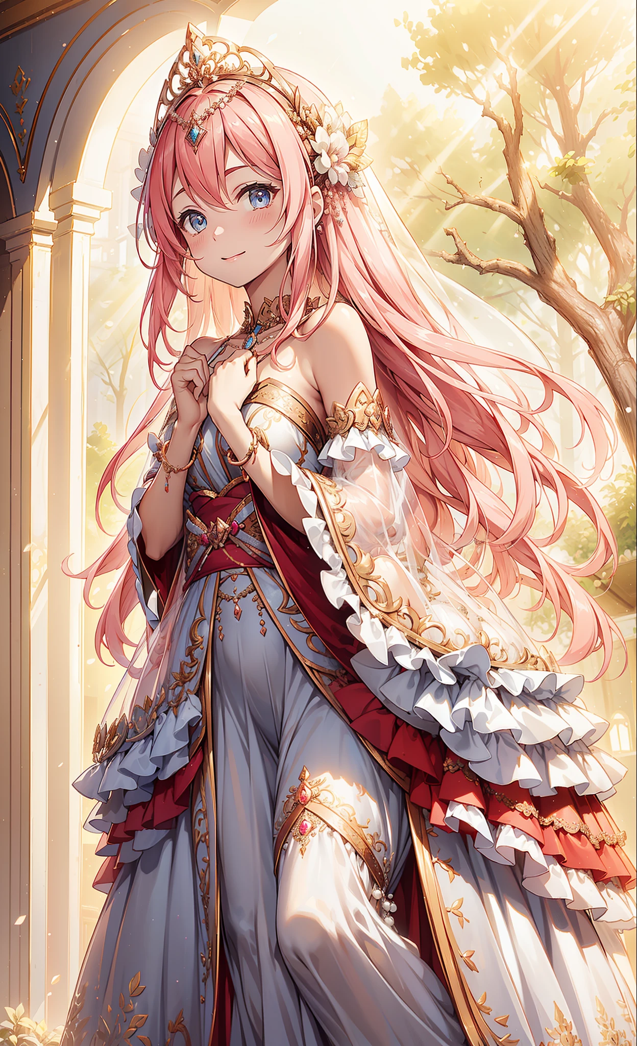 (Best quality, A high resolution, ctextured skin, high high quality, high detal,Extremely detailed CG unification), girl,obsessed,Divine happiness,Being in love,having fun,(Heavenly Maxi and Ballgown Combinations),with pink hair,eBlue eyes,(Fabric headdress),Maximalism,multi-layered ruffles,Lace,delicate embroidery,delicate patterns,Fabric headdress,dress nicely,sheer transparent clothes,Bedrooms,Sparkling,(Looks like it's covered by a transparent skirt:1.1),电影灯光,natta,the only person,Fluttering skirts,exquisite and beautiful face