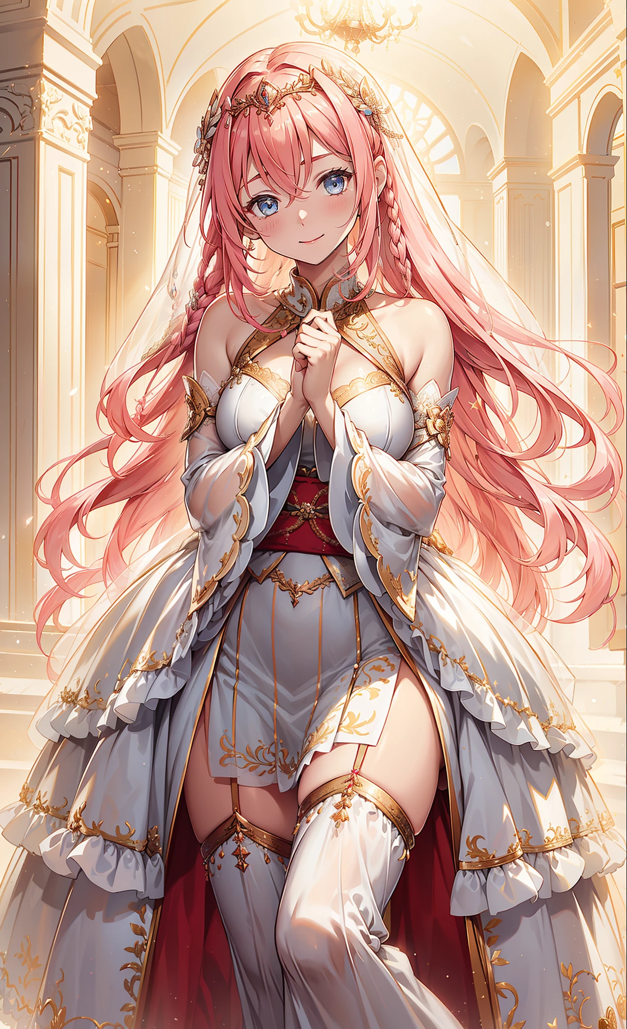 (Best quality, A high resolution, ctextured skin, high high quality, high detal,Extremely detailed CG unification),sixteen year old girl，obsessed，Divine happiness，Being in love，having fun，(Heavenly Maxi and Ballgown Combinations)，with pink hair，eBlue eyes，(Fabric headdress)，Maximalism，multi-layered ruffles，Lace，delicate embroidery，delicate patterns，Fabric headdress，dress nicely，sheer transparent clothes，Bedrooms，Sparkling，(Looks like it&#39;s covered by a transparent skirt:1.1)，电影灯光，natta，the only person，Fluttering skirts，exquisite and beautiful face