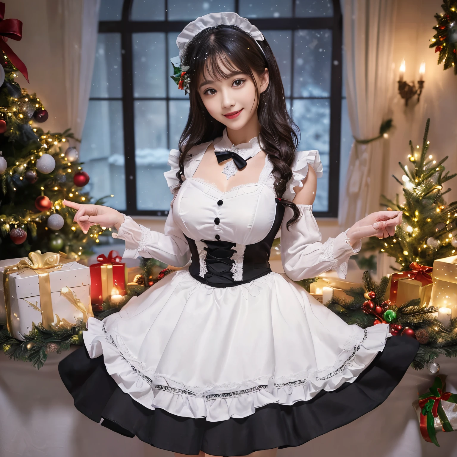 ((Best Quality, masutepiece, 超A high resolution、8K、The most complex and detailed depictions))、((maid and christmas、1 maid、Gorgeous Victorian Maid Dresses、Black and white maid outfit with luxurious long skirt、Huge black and white maid dress、Black and white maid dresses、Black and white maid dresses、with frills、Big apron and black and white maid outfit、Big smile、Shooting from the knee up、The background is a Christmas city))、((Fantastic illumination、Lights on a glowing background、Gift box with ribbon、A slender、Highly detailed hairstyles[[large full breasts]]、christmas night,Gorgeous illumination、spectacular movie lighting、gorgeous lighting,Delicate and intricate brilliance、Colorful illumination、Large lighting、Giant Christmas Tree、It's snowing、Romantic evening,、Fantastic Christmas))