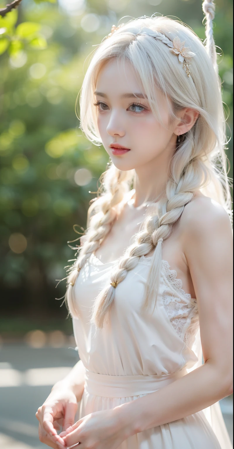 (extremely delicate, master piece, excellent light and shadow, 8k HD Wallpaper), white hair, golden eyes, intermittently translucent white clothes, looking at the upper body, lacy hair accessories, pale pink skin, waist tie , Side braid swing.