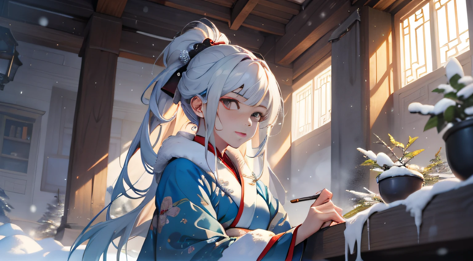 One wearing blue clothes,long, floated hair、Alpha image of a woman with beautiful hairstyle,palaces,A girl in Hanfu,Very popular on cgstation,Guviz-style artwork,Guwitz,Inspired by Du Qiong,Inspired by Ma Yuanyu,8K)),Cold winter,winter solstice,Wear thick clothing,There is a fur collar,nevando,Winter view,beautiful snowy landscape