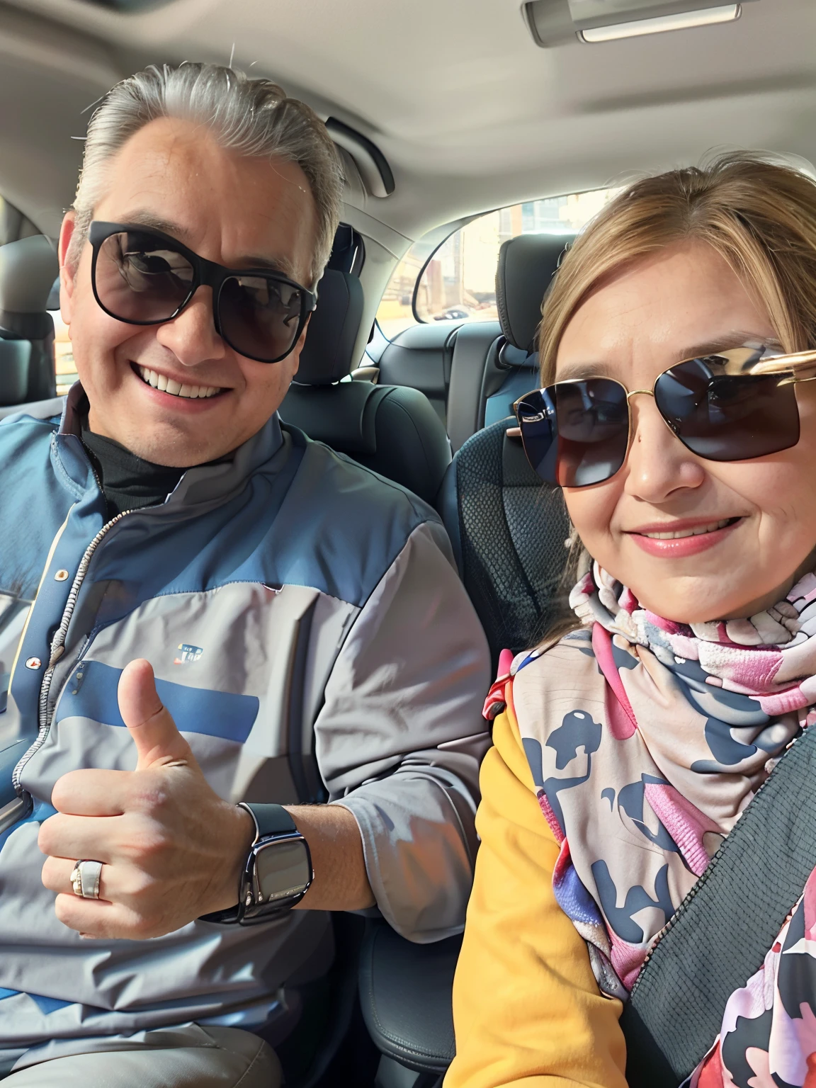 they are sitting in the back of a car with their thumbs up, happy couple, back to us, taken on go pro hero8, momma and papa, facebook post, profile picture, lovely couple, carpool karaoke, with wart, instagram post, vacation photo, profile photo, shot with iphone 1 0, with sunglass, couple, profile pic, instagram picture