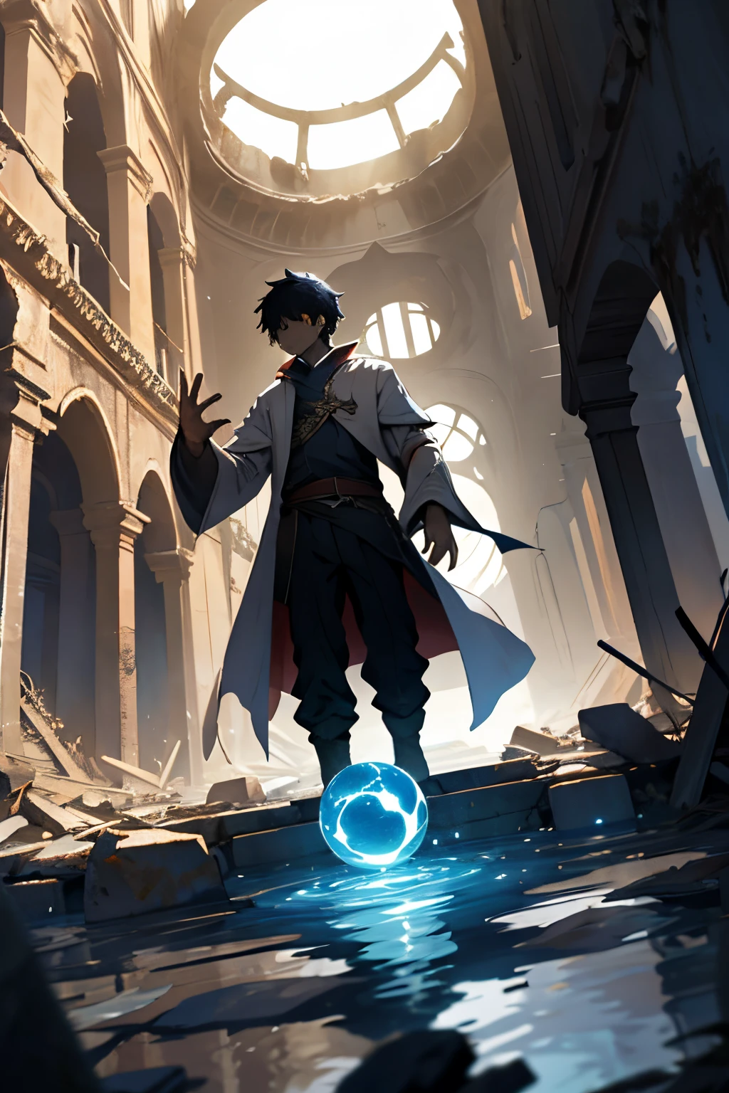 Young sorcerer with ball of light in hand floating and shining,  in the ruins