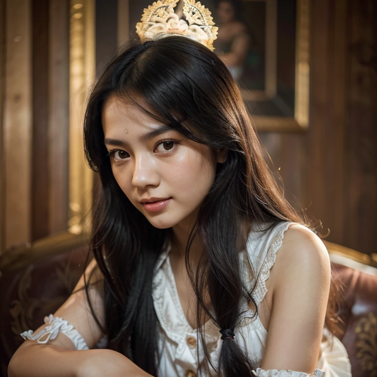 (best quality,highres),thai girl,woman with long hair, young, lolita style, vibrant colors, black hair and black eyes, porcelain skin, expressive eyes, playful smile, alluring charm, vintage fashion, dreamy atmosphere, soft lighting, intricate details, random sexy pose