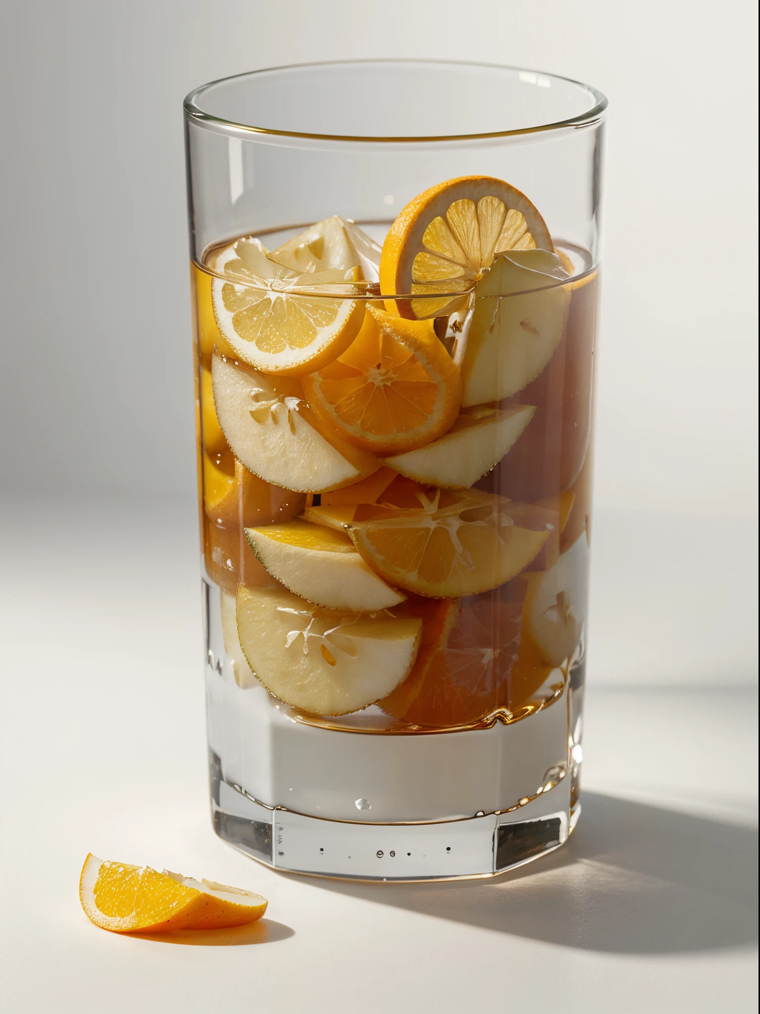 （Best quality，8K，Masterpiece：1.3），NOhumans，Clear glass，There are a lot of sliced pear in it、Oranges cut into cubes, blend, detalhe poderoso, intense detail, on the white background, Clear detail, professional,（Hyper-realistic：1.3）