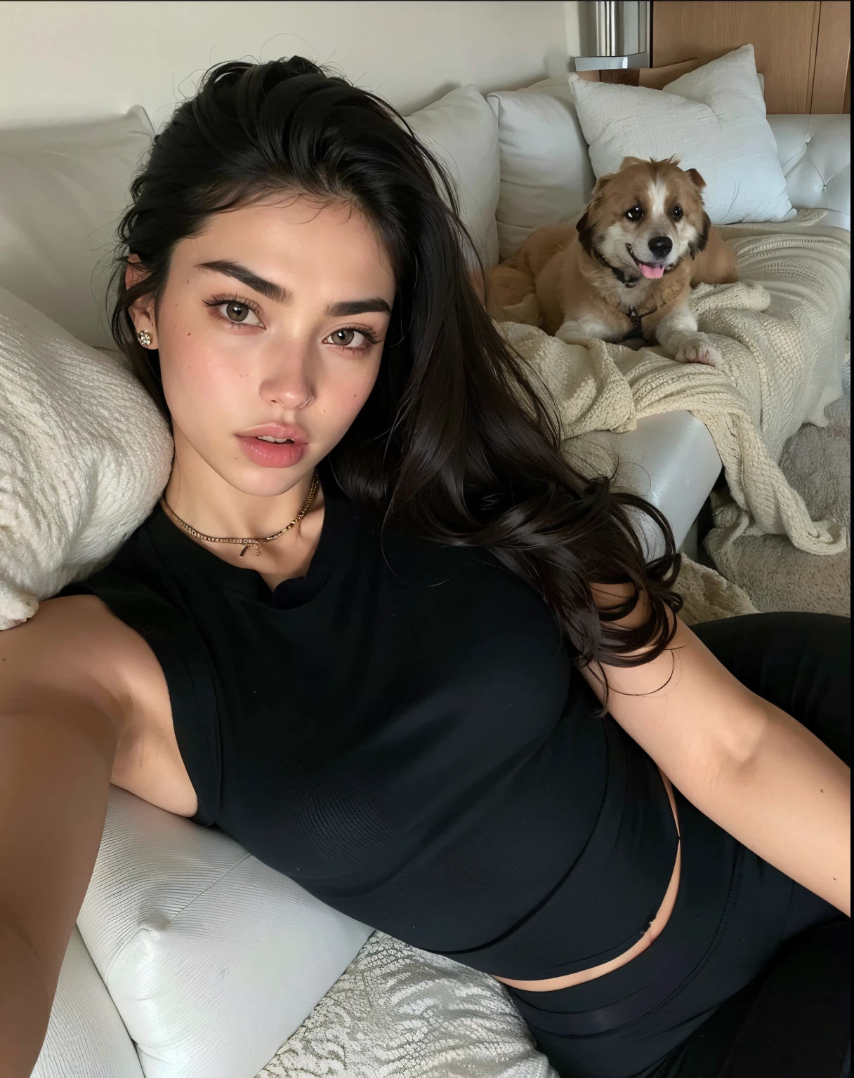 Arafed woman lying on a sofa with a dog in the background., Cerveza Madison, Violeta Myers, Dua Lipa, Modelo de Instagram, Julia Sarda, Retrato de la chica cervecera de Madison, Retrato Sophie Mudd, Imagen de perfil, Megan Fox, Imagen filtrada, lorde, Cerveza Soft Devil Queen Madison, Ana de Armas, Angiewolf, Sexy Gas
