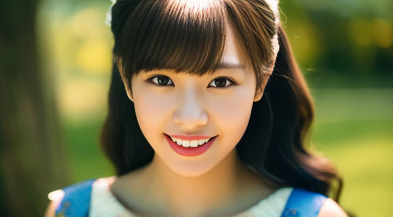 1girl, player's perspective, Backlight Flare, f/2.8, 50mm, Panasonic, UHD, retina, masterpiece, accurate, anatomically correct, textured skin, super detail, high details, high quality, best quality, highres, 1080P, HD, 4K, 8k, wavy hair with bangs, formal gown、White teeth
