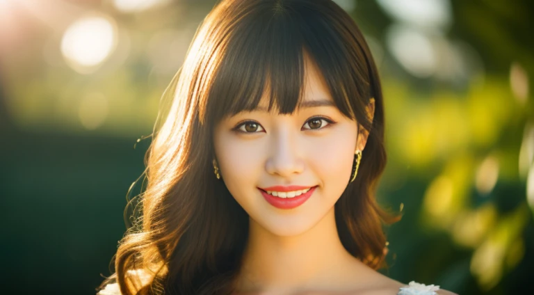 1girl, player's perspective, Backlight Flare, f/2.8, 50mm, Panasonic, UHD, retina, masterpiece, accurate, anatomically correct, textured skin, super detail, high details, high quality, best quality, highres, 1080P, HD, 4K, 8k, wavy hair with bangs, formal gown、White teeth