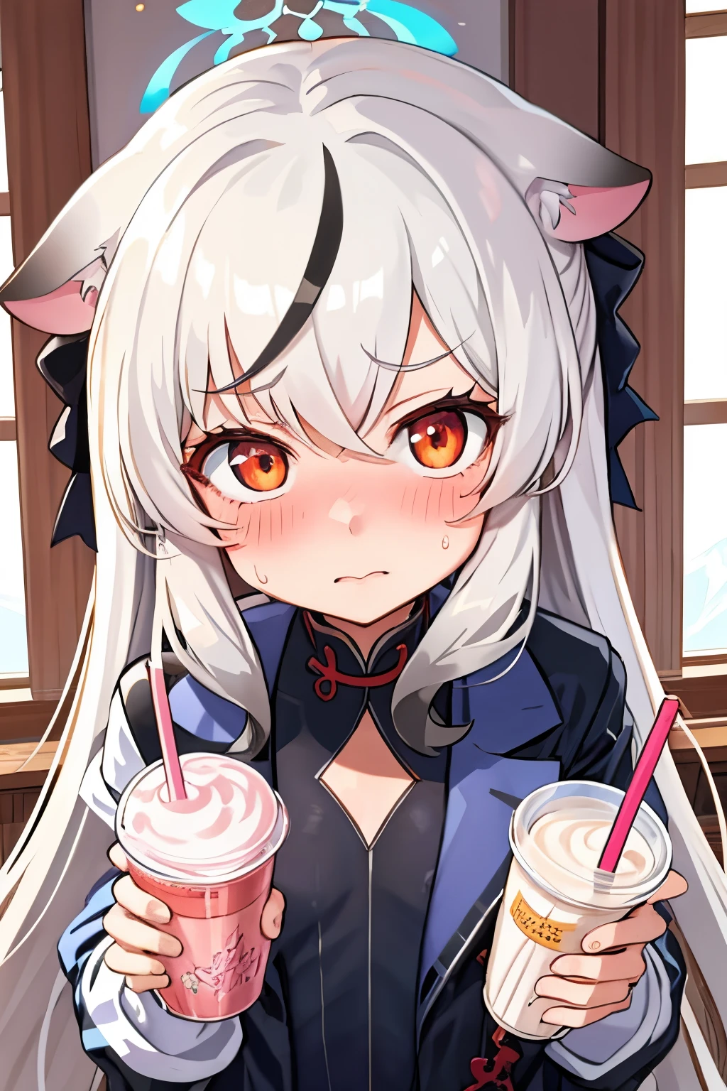 1girl, kokona, indoors, orange eyes, white hair, :3 mount, embarrassed, beautiful eyes, beautiful lips, shiny lips, extremely detailed eyes and face, long eyelashes, close-up, warm lighting, vibrant colors, looking at the viewer, behind a desk, embarrassed look, blush, Hands holding a milkshake