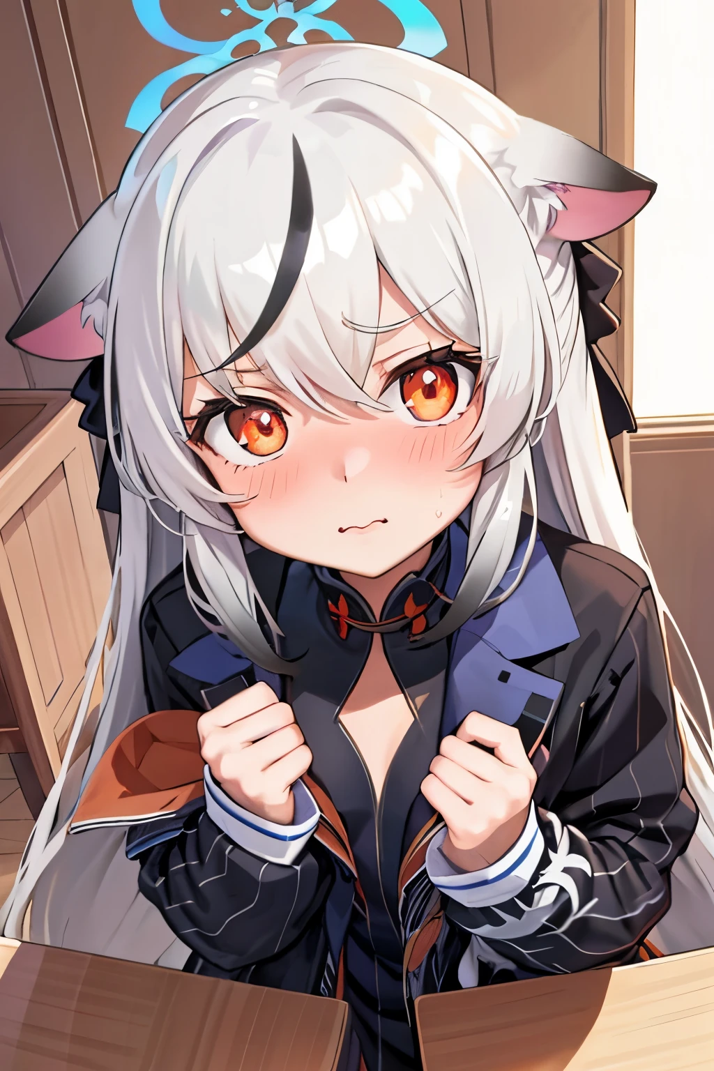 1girl, kokona, indoors, orange eyes, white hair, :3 mount, embarrassed, beautiful eyes, beautiful lips, shiny lips, extremely detailed eyes and face, long eyelashes, close-up, warm lighting, vibrant colors, looking at the viewer, behind a desk, embarrassed look, blush, Looking at you behind a magazine,