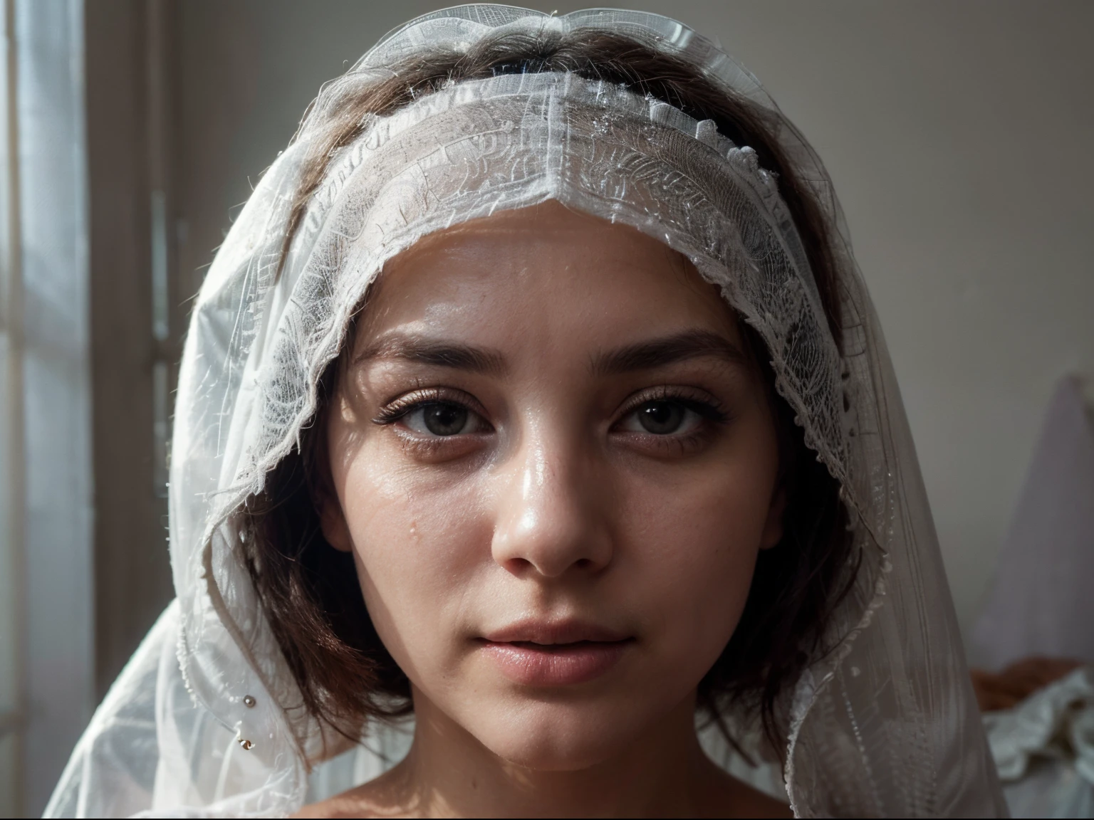 a (white sheer veil:1.1) covers (the face of a 29yo woman)), we are in close to her stunning beauty, purity and innocence, veil fantasy, we can see her incredible smoky-eye makeup through the delicate ((white transparent veil ((((covers the front of her face)))), ((smoky eye makeup:0.8) on),we lovingly watch her and we capture every detail with the highest quality Leica camera we own, it captures every detail and deepens the shadows, she's lovely, a relaxed moment, interior bedroom, realistic photo, (54% of photo is black in drawing:1.4), (detailed white sheer veil fabric fabric:1.2)), 27% of photo is through sheer white veil:1.0), (early sunrise light:1.3), (Rembrandt lighting:1.1) ,(relaxed intimate photoshoot), cozy relaxed, catching us, beautiful hands, gorgeous soft warm lighting:1.4, ((high contrast)), (deep, darkest shadows), (shadow details:1.0), ((taken using Leica camera, aperture: f/2.3)) , hyper-realistic skin, pores, scar, mole, relaxed moment, natural light glow, (romantic light:1.2), radiant skin, perfect relaxed hands, perfect fingers, a work of art, beautiful composition, golden ratio, contrast, inspiring, (highest quality fabric texture), every detail,Fine facial features – (Highest Quality) ,Leica camera film, High quality ○○ detailed – ○○ details ultra detailed(Ultra-fine ), Photorealistic