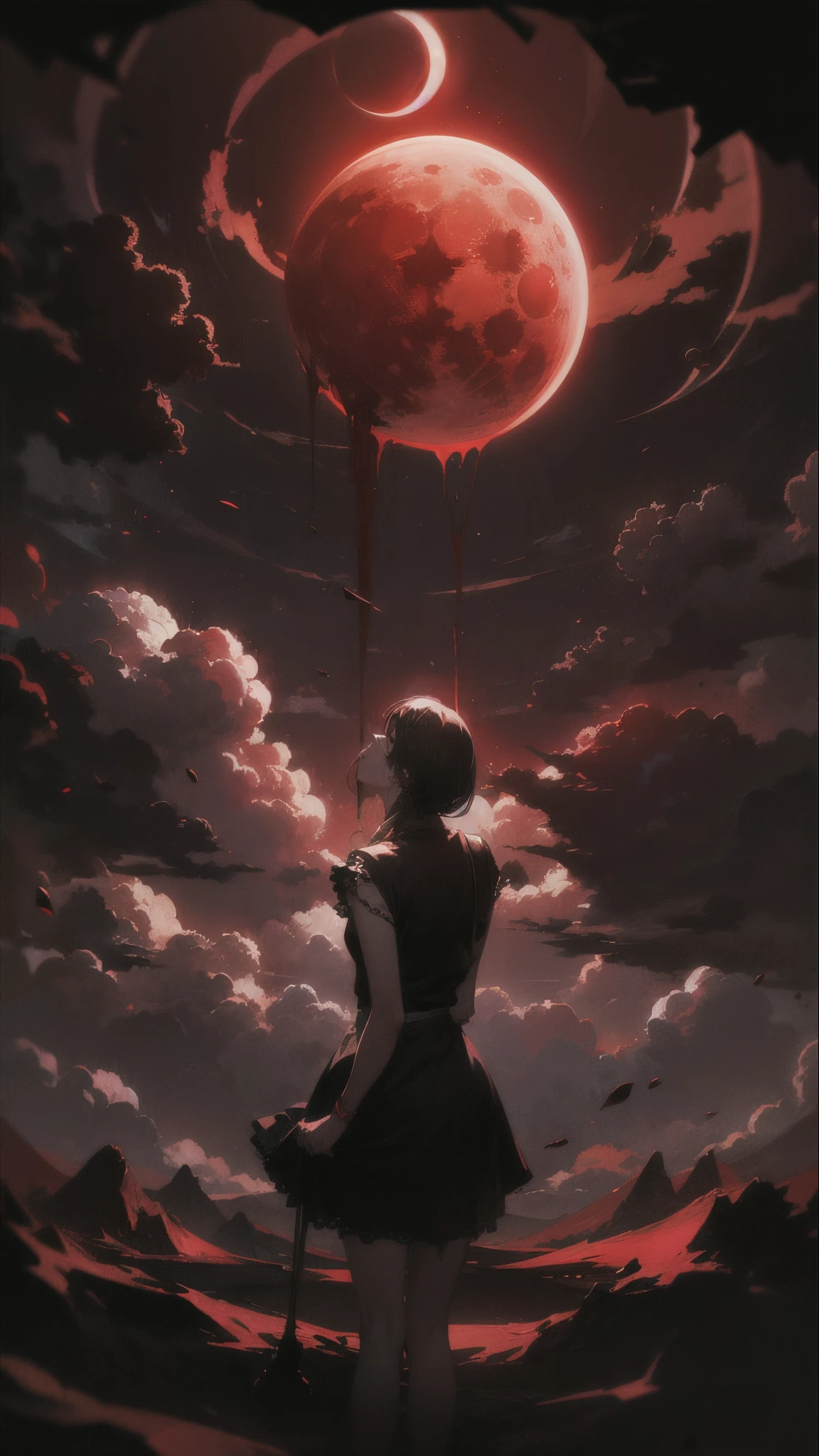 Masterpiece, best quality, extreme dynamic range, high contrast, blood moon, moon melting blood