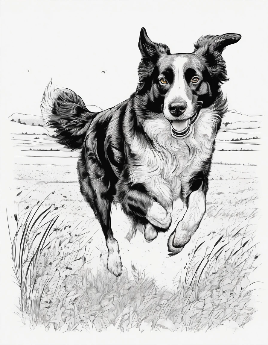 Border Collie running in a field, for coloring page, high quality, black and white, no shading, line art