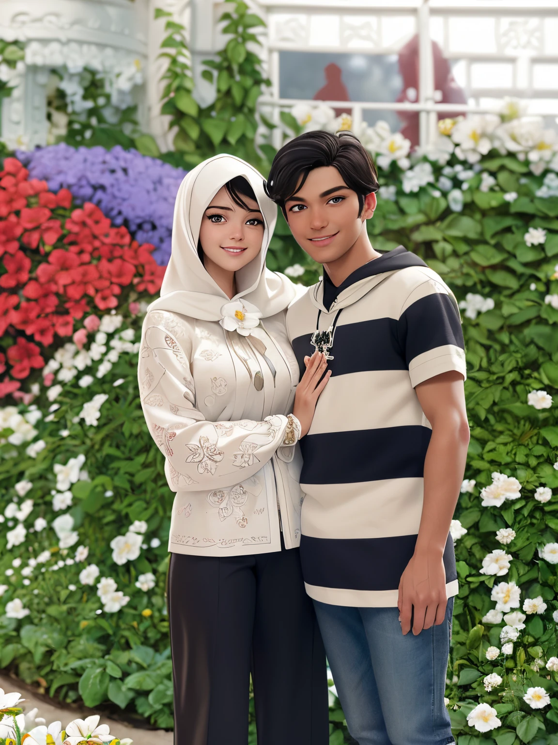 best quality, highly detailed, masterpiece, highly detailed, solo, (Fine eyes of white man and woman), (background in white flower garden:1.3), red eyes, standing, belt skirt, [trench coat:20] , jewelry, mole under eye woman smiling, looking_at_viewer, hooded, anime black haired man and smile