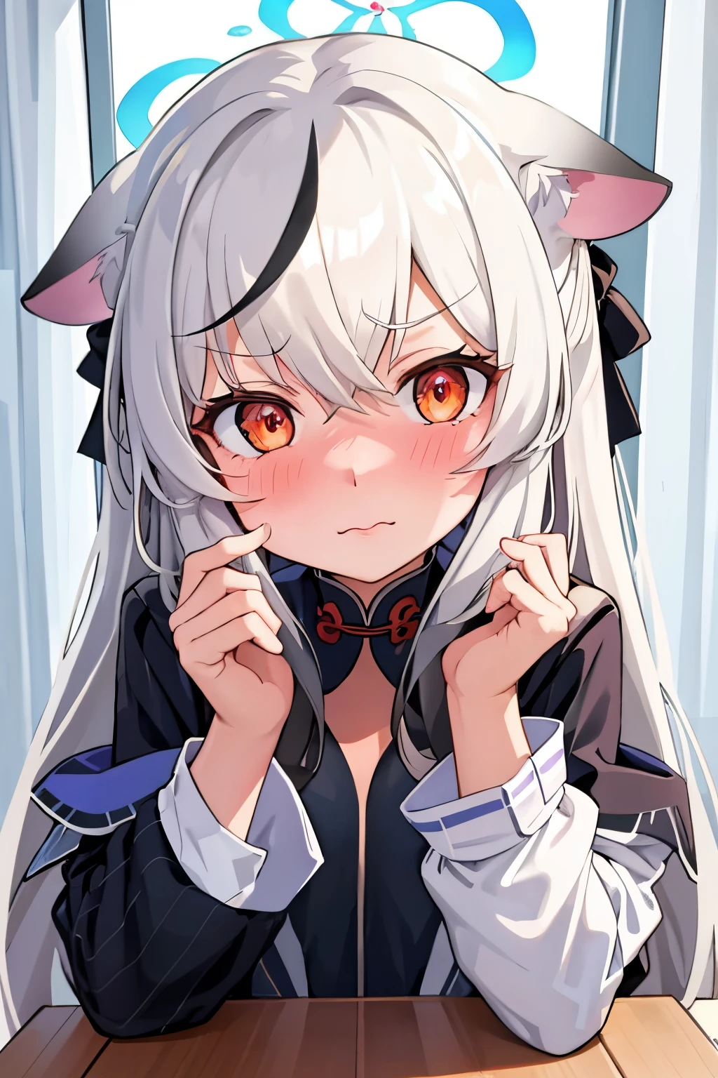 1girl, kokona, indoors, orange eyes, white hair, :3 mount, embarrassed, beautiful eyes, beautiful lips, shiny lips, extremely detailed eyes and face, long eyelashes, close-up, warm lighting, vibrant colors, looking at the viewer, behind a desk, embarrassed look, blush, Looking at you behind a magazine,