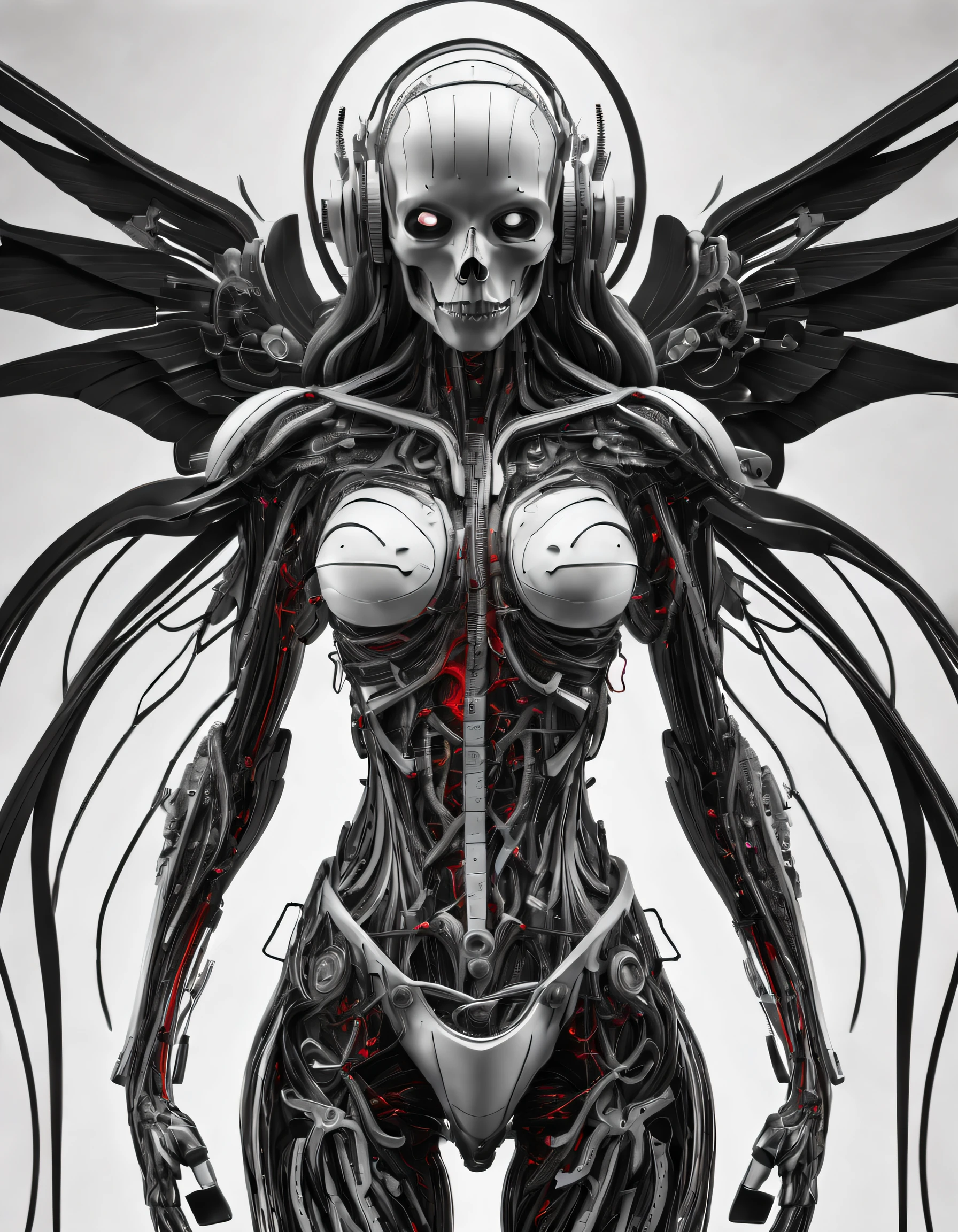 beautiful line art, ultra detailed beautiful death angel, biomechanical cyborg, line art, ((Black and white painting)), intricate details, mesh wire, mandelbrot fractal, facial muscles, cable wires, microchip, badass, ultra detailed, 8k post-production, red and white with a bit of black, detailled metalic bones, complex body poses, hyper realistic