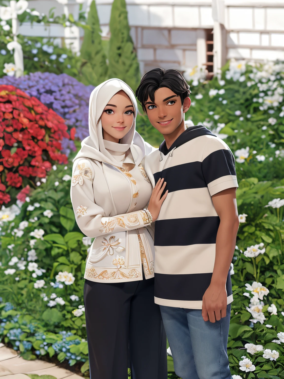 best quality, highly detailed, masterpiece, highly detailed, solo, (Fine eyes of white man and woman), (background in white flower garden:1.3), red eyes, standing, belt skirt, [trench coat:20] , jewelry, mole under eye woman smiling, looking_at_viewer, hooded, anime black haired man and smile