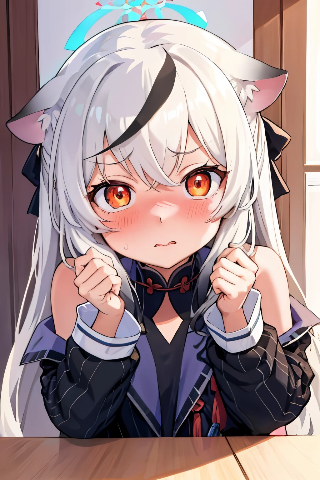 1girl, kokona, indoors, orange eyes, white hair, :3 mount, embarrassed, beautiful eyes, beautiful lips, shiny lips, extremely detailed eyes and face, long eyelashes, close-up, warm lighting, vibrant colors, looking at the viewer, behind a desk, embarrassed look, blush, Looking at you behind a magazine,