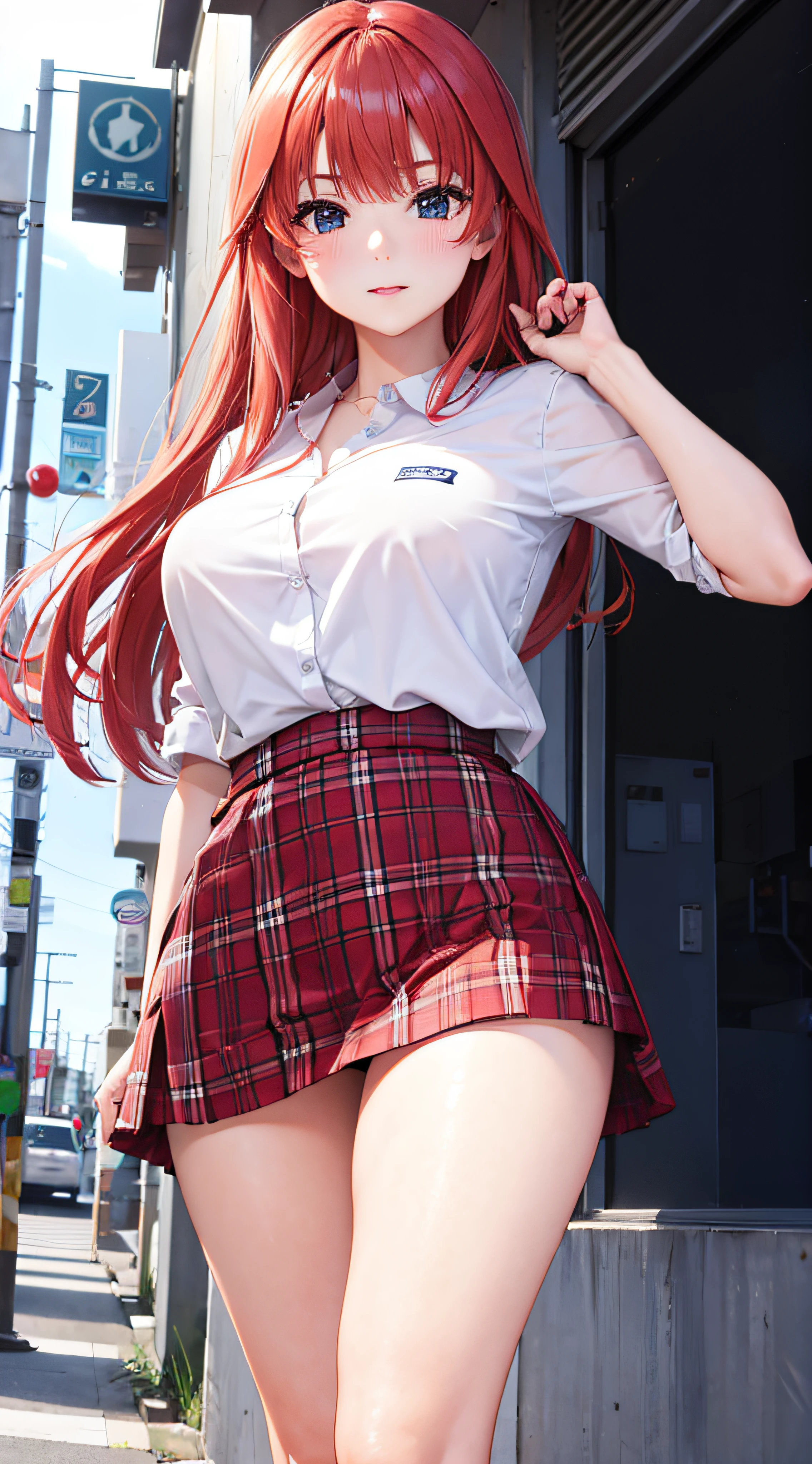 masterpiece, best quality, nsfw,
1girl, view from below,
lift up the plaid skirt, summer , white panties, red hair, smile,
downtown area,