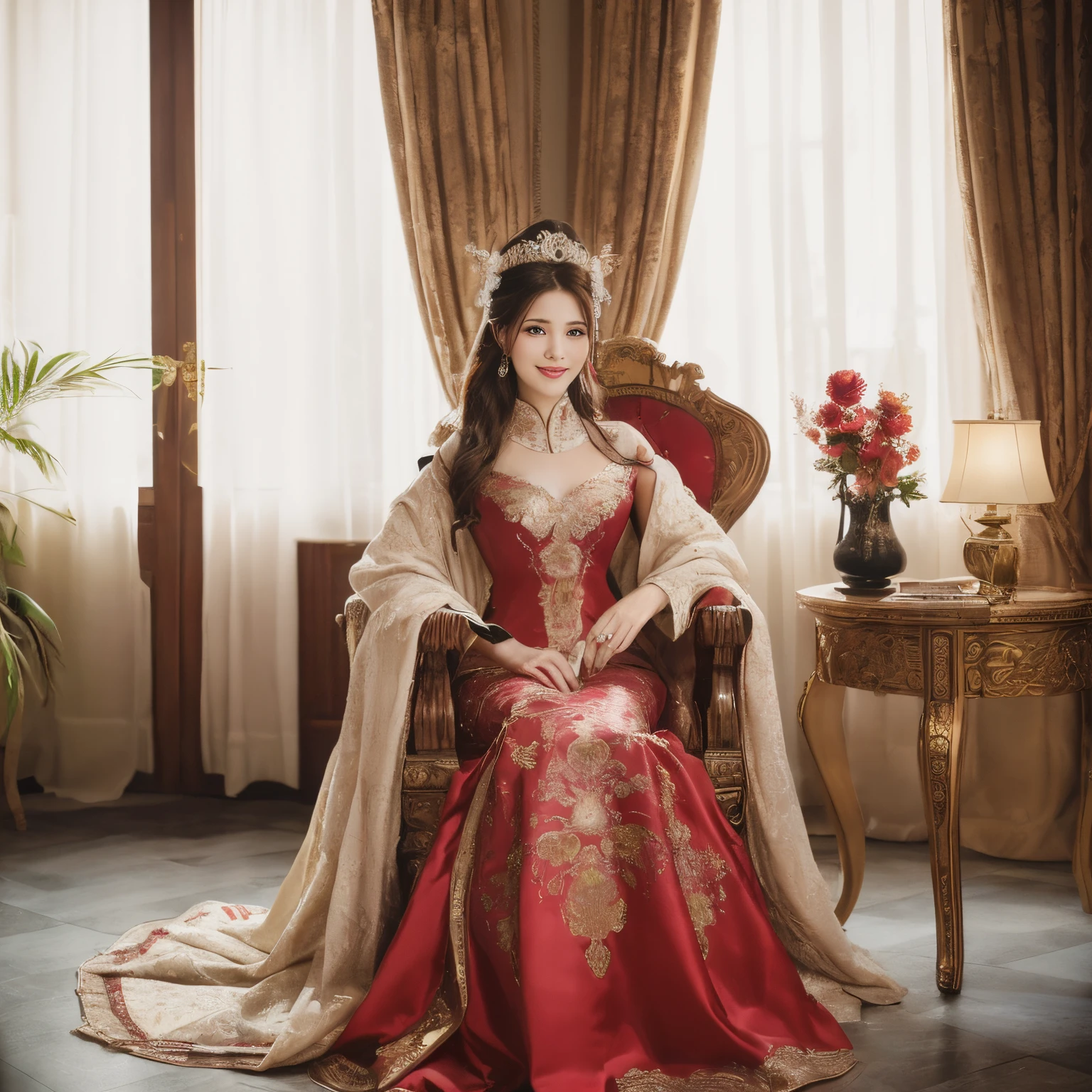 ((top-quality、masutepiece、8K、Top image quality、Very complex and detailed details))、((chinese princess、An elegant princess、most gorgeous chinese princess costume、gorgeous chinese style lighting、Gorgeous curtains、gorgeous floor、chinese style royal family、Chinese style luxury interior、the most complex and luxurious royal family、An unimaginably luxurious royal family、Very complex decoration、highly detailed royal family))、(View me、Look at viewers、perfect anatomia、Biggest smile、The happiest smile)