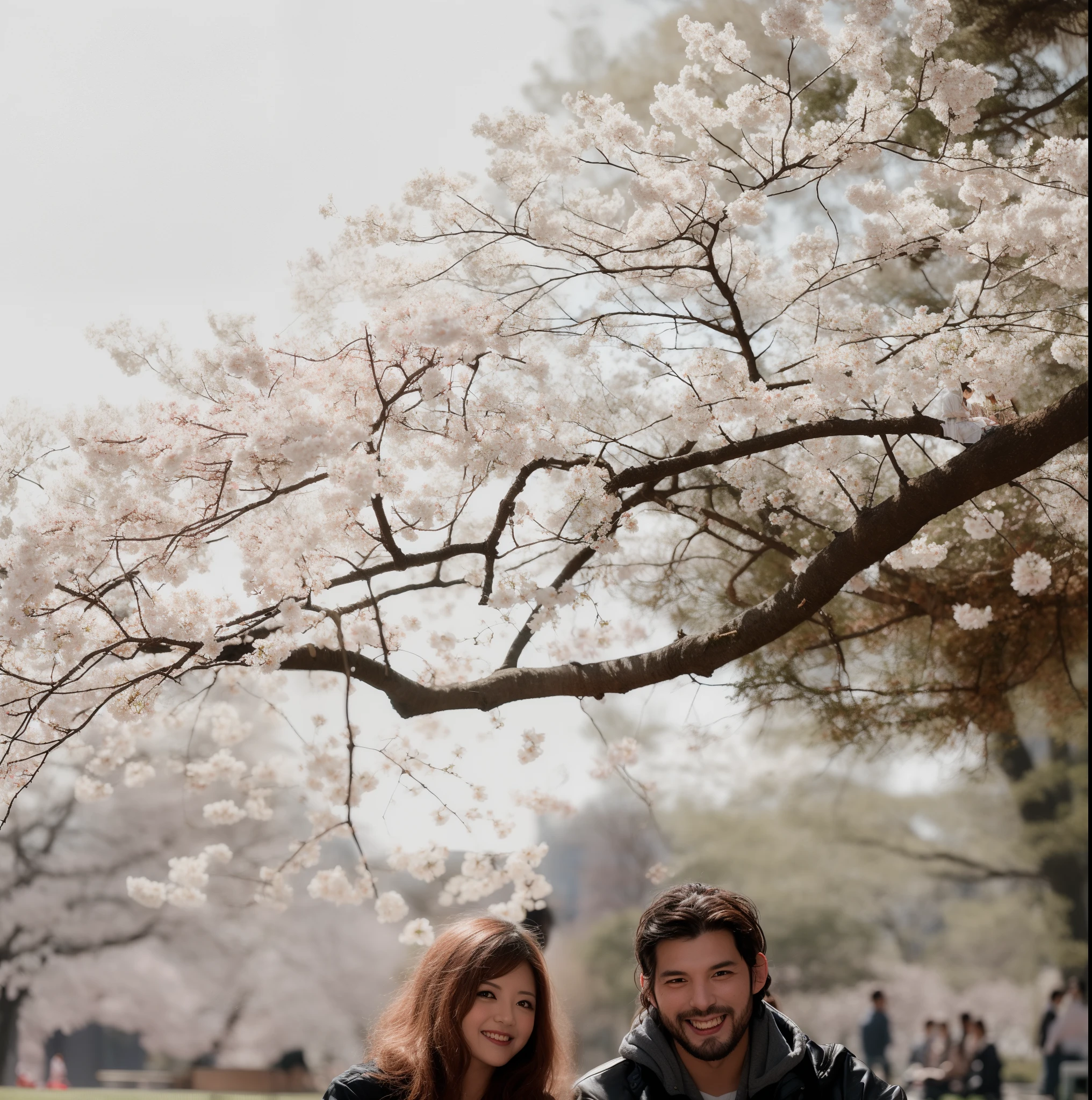 there is a man and woman sitting under a tree in a park, under sakura tree, sitting under a tree, ayami kojima and greg rutkowski, couple portrait, couples portrait, sakura season, happy couple, sakura tree in background, medium portrait, lovely couple, sitting in tokyo, park in background, 50mm portrait, with a park in the background