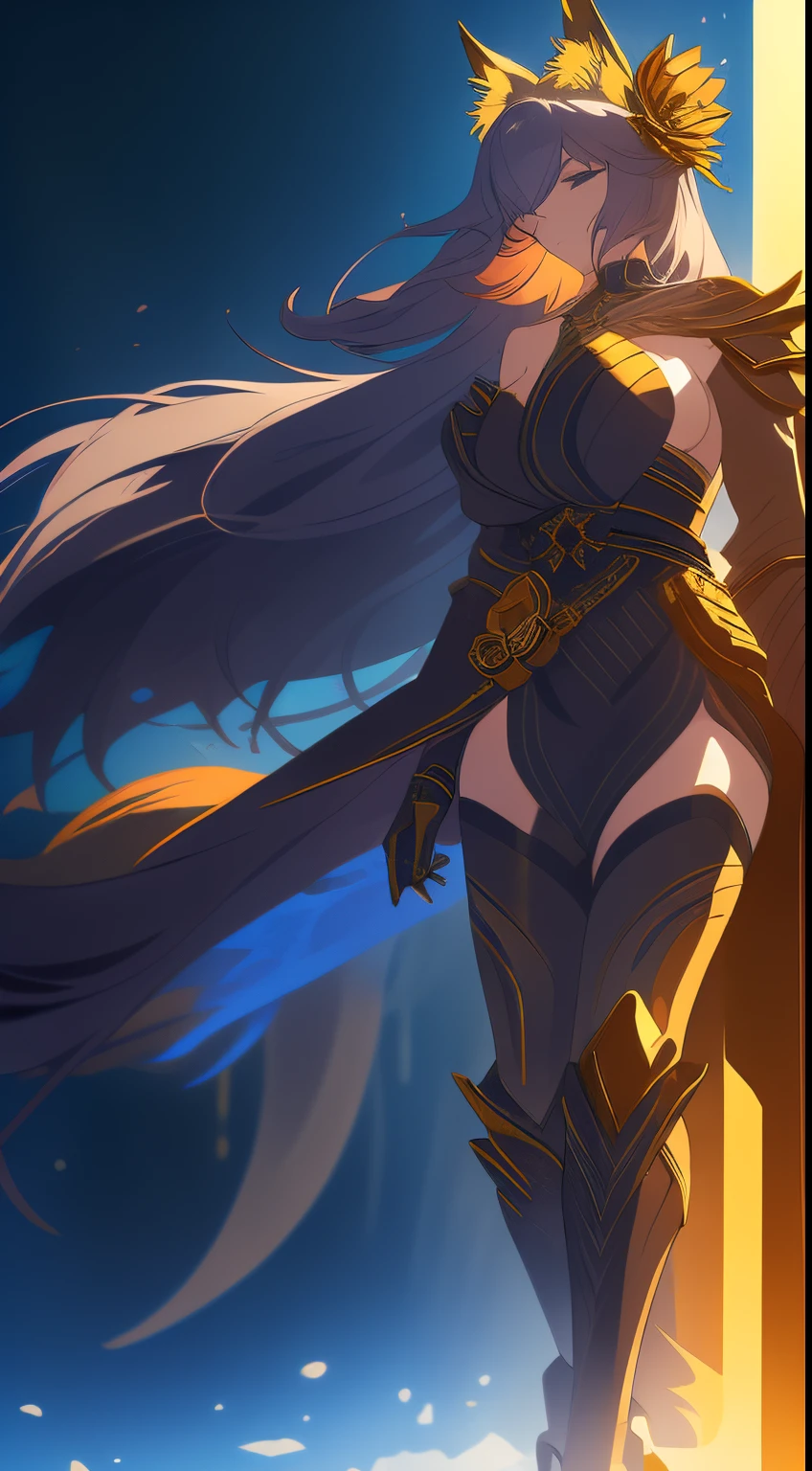 （（Wearing black and gold armor）），（gem outfit ），（Octane rendering 1.1 ），（（The body is wrapped in a blue-gray phantom）），（（Game skin design drawing）），（girl fox），Raised sexy，Blue flames are flying everywhere，feminine expression，Dancing in the air