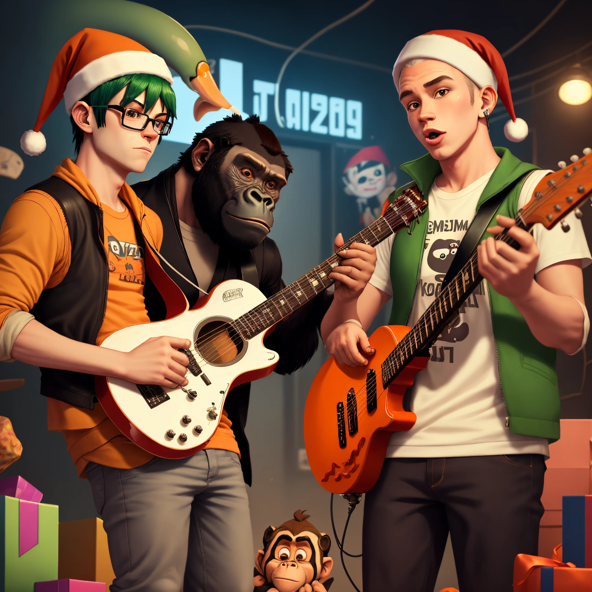 A orange, gorilla with a squid on the Gorillaz head, Christmasy with a guitar and chili peppers and a vest on his chest
And from the game gorilla tag