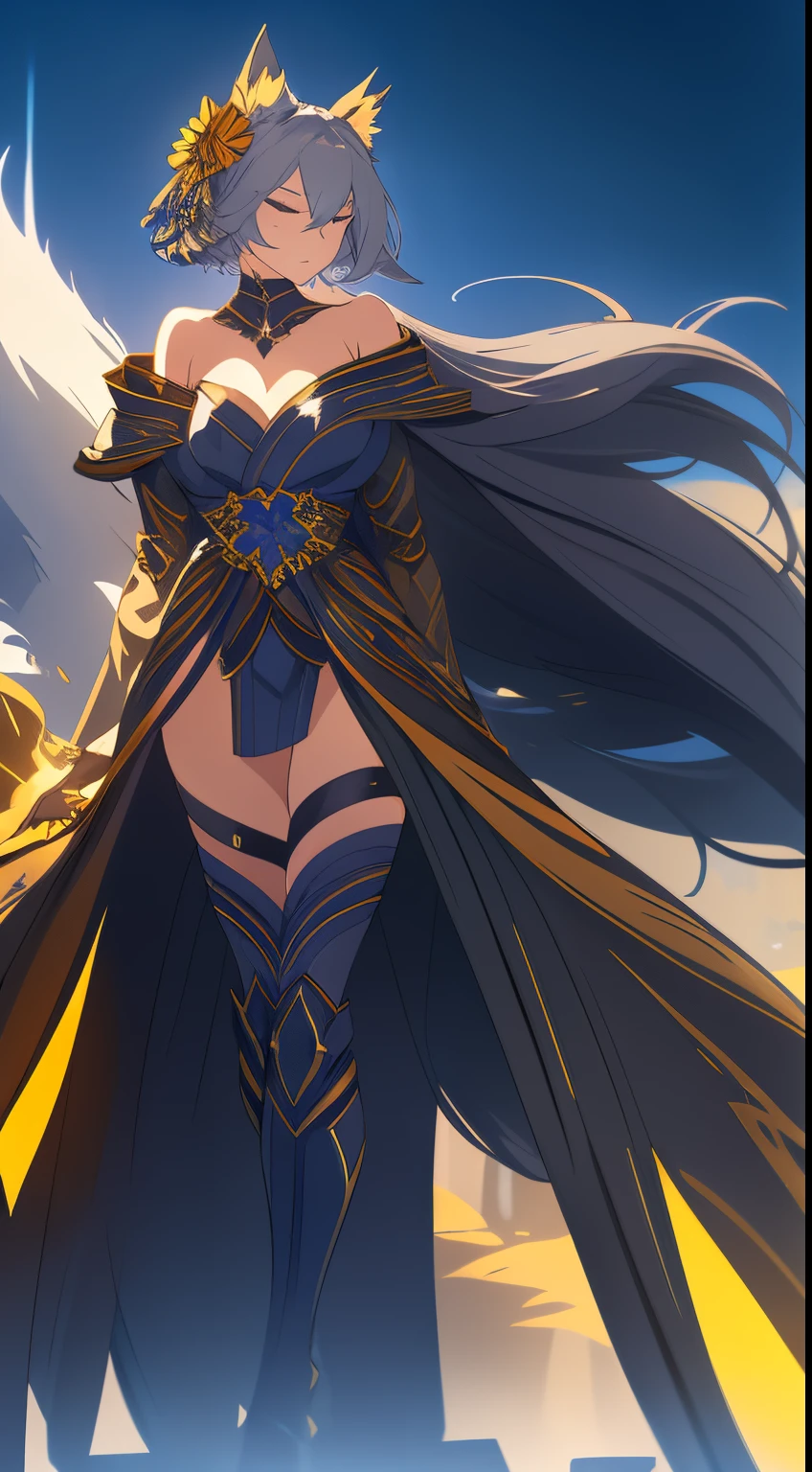 （（Wearing black and gold armor）），（gem outfit ），（Octane rendering 1.1 ），（（The body is wrapped in a blue-gray phantom）），（（Game skin design drawing）），（girl fox），Raised sexy，Blue flames are flying everywhere，feminine expression，Dancing in the air