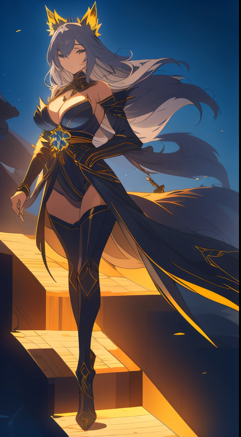 （（Wearing black and gold armor）），（gem outfit ），（Octane rendering 1.1 ），（（The body is wrapped in a blue-gray phantom）），（（Game skin design drawing）），（girl fox），Raised sexy，Blue flames are flying everywhere，feminine expression，Dancing in the air