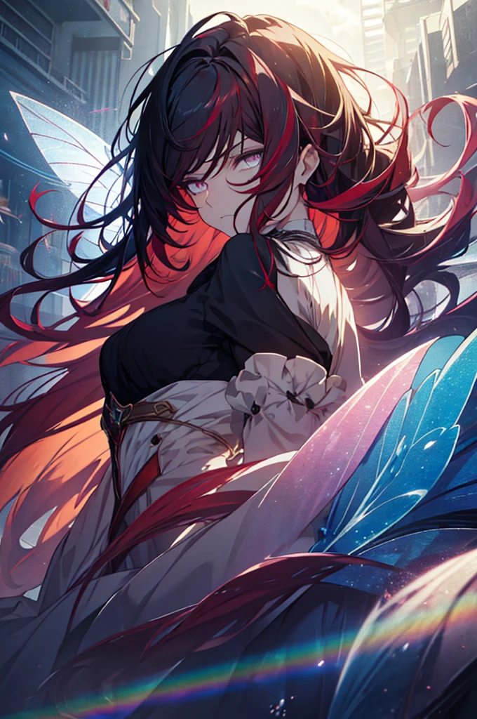 With Black hair and rainbow eyes, Red hair-highlights, beautiful as a fairy, A melancholy expression that stirs affection, side face, floating hair, light particles, glare, vivid, fancy, dreamlike, a dim atmosphere,