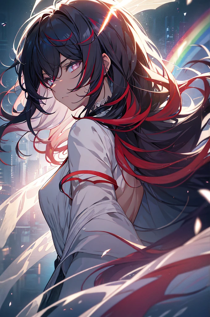 With Black hair and rainbow eyes, Red hair-highlights, beautiful as a fairy, A melancholy expression that stirs affection, side face, floating hair, light particles, glare, vivid, fancy, dreamlike, a dim atmosphere,