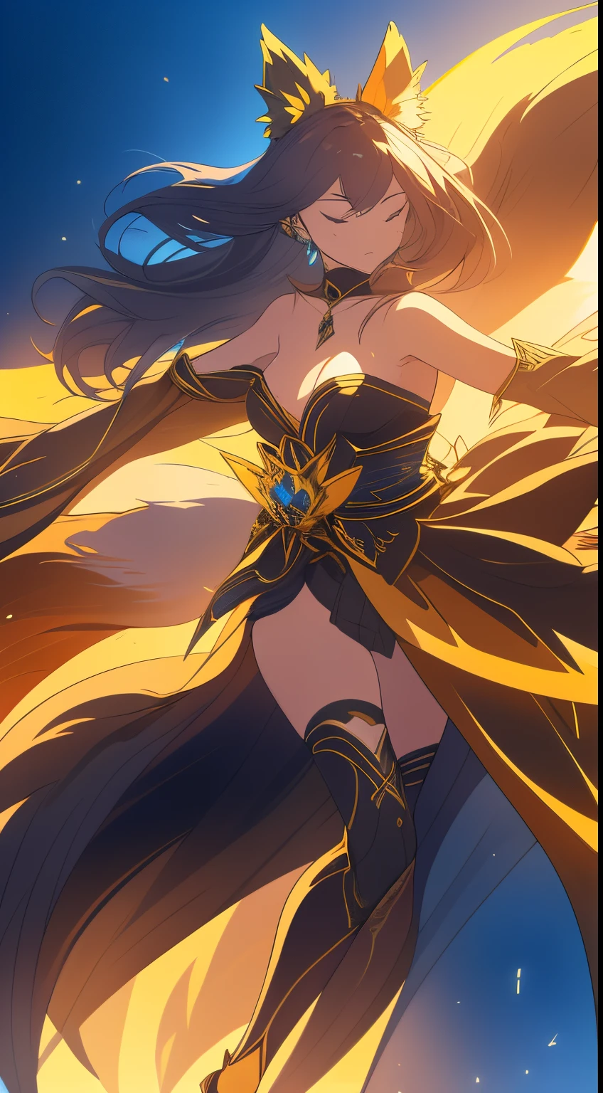 （（Wearing black and gold armor）），（gem outfit ），（Octane rendering 1.1 ），（（The body is wrapped in a blue-gray phantom）），（（Game skin design drawing）），（girl fox），Raised sexy，Blue flames are flying everywhere，feminine expression，Dancing in the air