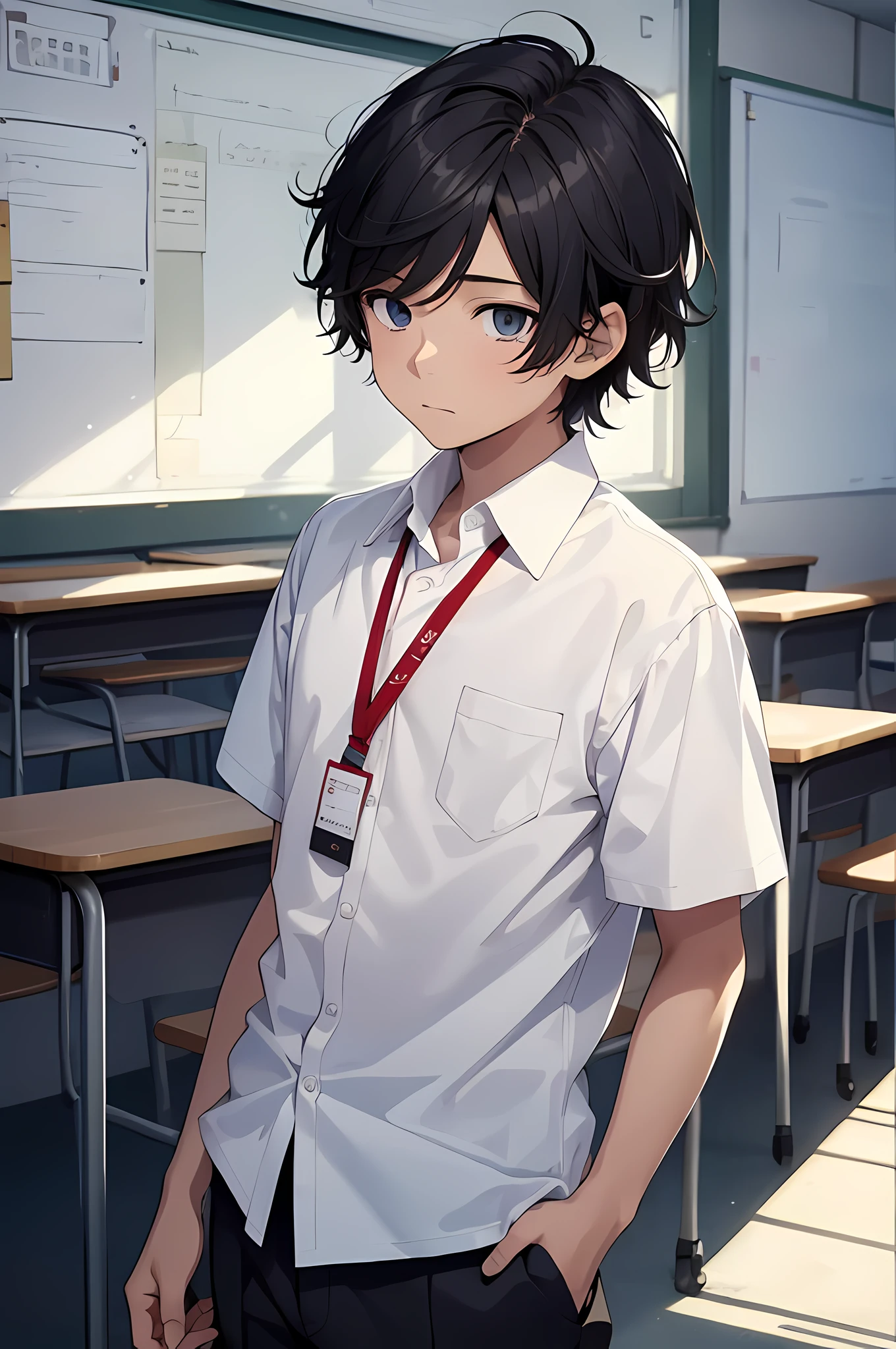 1boy, young male, , solo, detailed eyes, masterpiece, (UntuckedShirt:1.2), student, White long shirt, short sleeves, long black pants, wearing lanyard, classroom, school, anime, line art anime