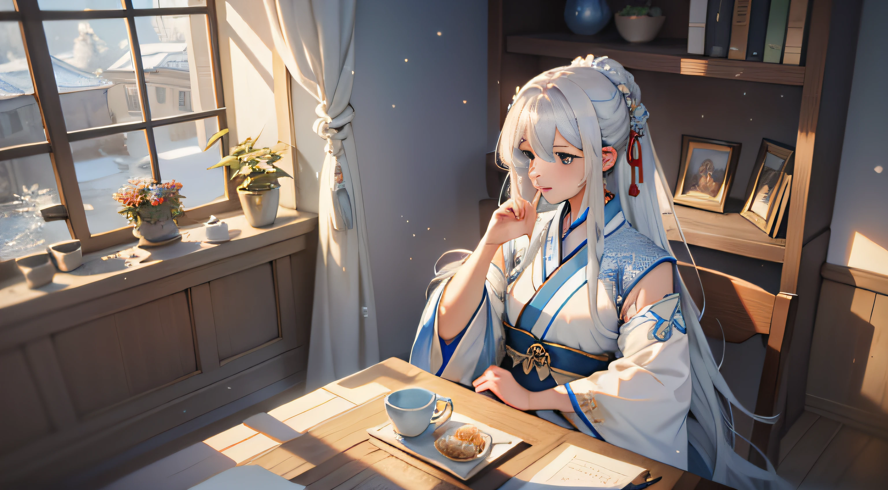 One dressed in blue,long, Flowing white hair、Alpha image of a woman with beautiful hairstyle,palaces,A girl in Hanfu,Very popular on cgstation,Guviz style artwork,Guwitz,Inspired by Du Qiong,Inspired by Ma Yuanyu,8K)),Cold winter,winter solstice,Wear thick clothing,There is a fur collar,nevando,Winter view,beautiful snowy landscape,indoor table
