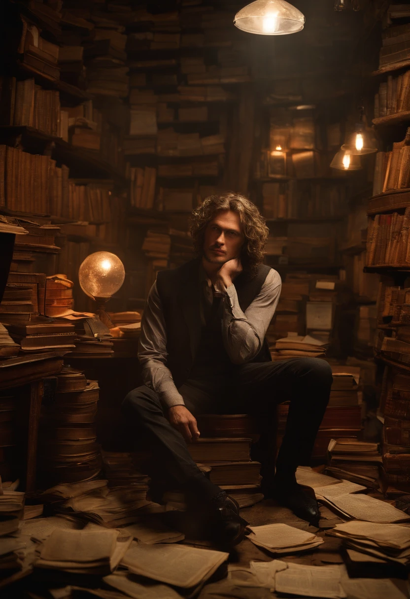 A photo of Vincent sitting in a dimly lit room, surrounded by old scrolls and mysterious artifacts.,original,Vincent “Vortex” Malone, with his disheveled appearance, is often seen in a dimly lit room, surrounded by screens and stacks of obscure books and papers. His wild, unkempt hair and intense, piercing eyes reflect his immersion in the world of conspiracy theories.