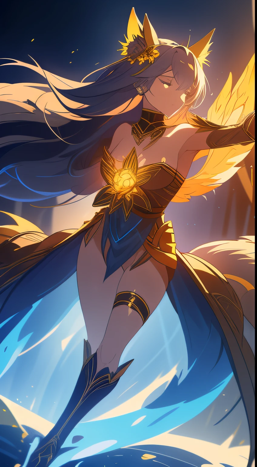 （（Wearing black and gold armor）），（gem outfit ），（Octane rendering 1.1 ），（（The body is wrapped in a blue-gray phantom）），（（Game skin design drawing）），（girl fox），Raised sexy，Blue flames are flying everywhere，feminine expression，Dancing in the air