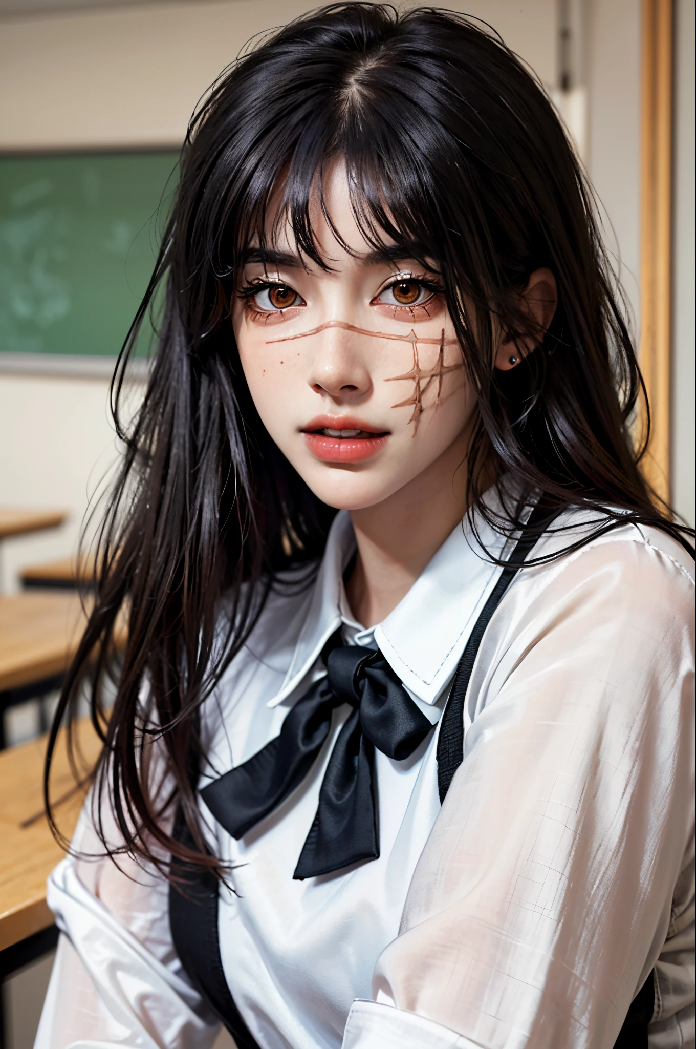 (hyper-realistic), (illustration), (high resolution), (8K), (extremely detailed), (best illustration), Yoru ( Chainsaw Man ), (beautiful detailed eyes), (best quality), (ultra-detailed), (masterpiece), (wallpaper), (detailed face), solo, upper body, focus on face, 1 girl, long black hair, Korean, thin eyeshadow, well-detailed eyes, brown eyes, small moles under the eyes, long sleeve shirt, neck bow,  small breasts, pinafore dress, dynamic pose, low lighting, classroom, night, dark