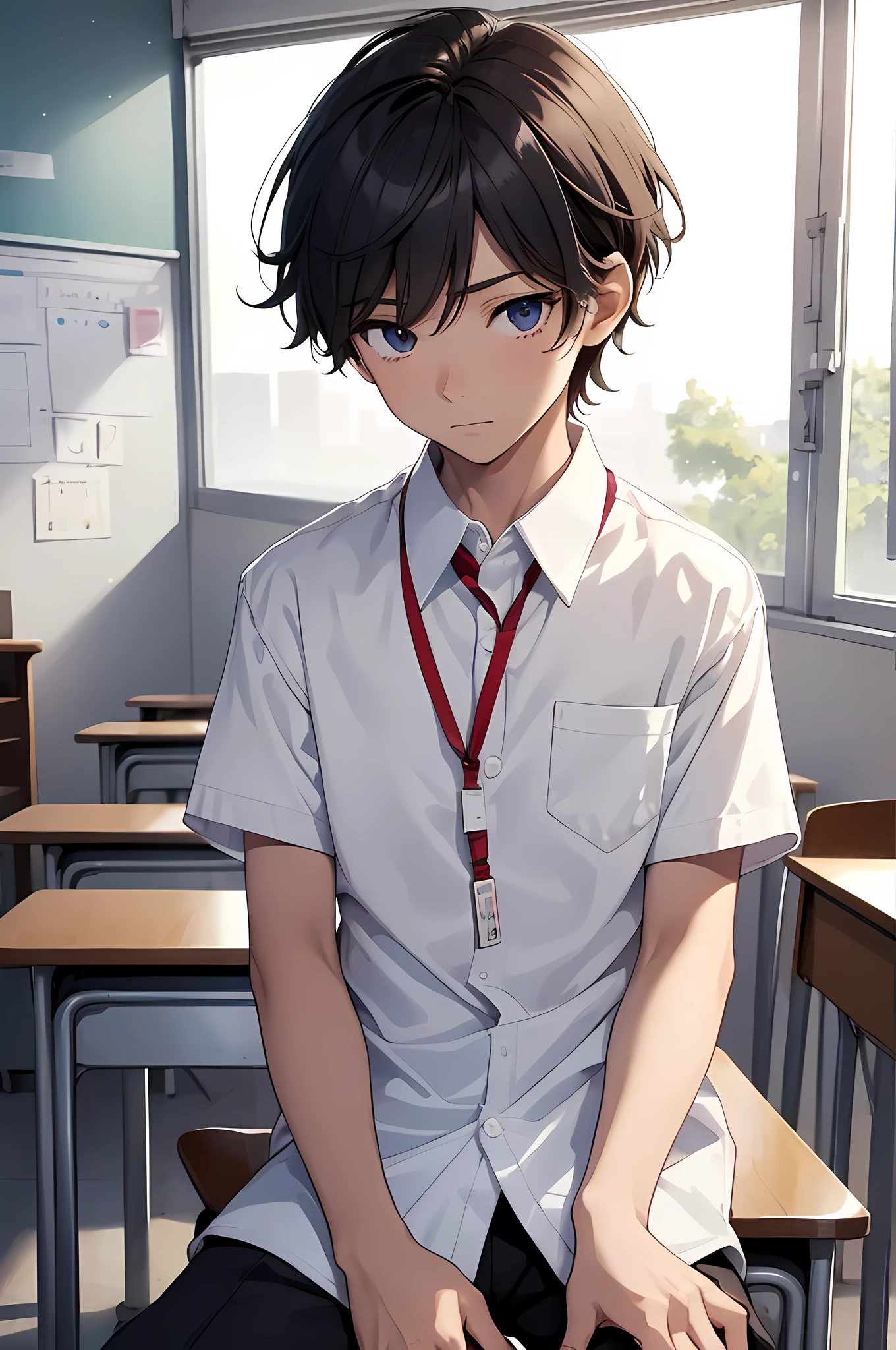 1boy, young male, , solo, detailed eyes, masterpiece, (UntuckedShirt:1.2), student, White long shirt, short sleeves, long black pants, wearing lanyard, sitting, classroom, school, anime, line art anime