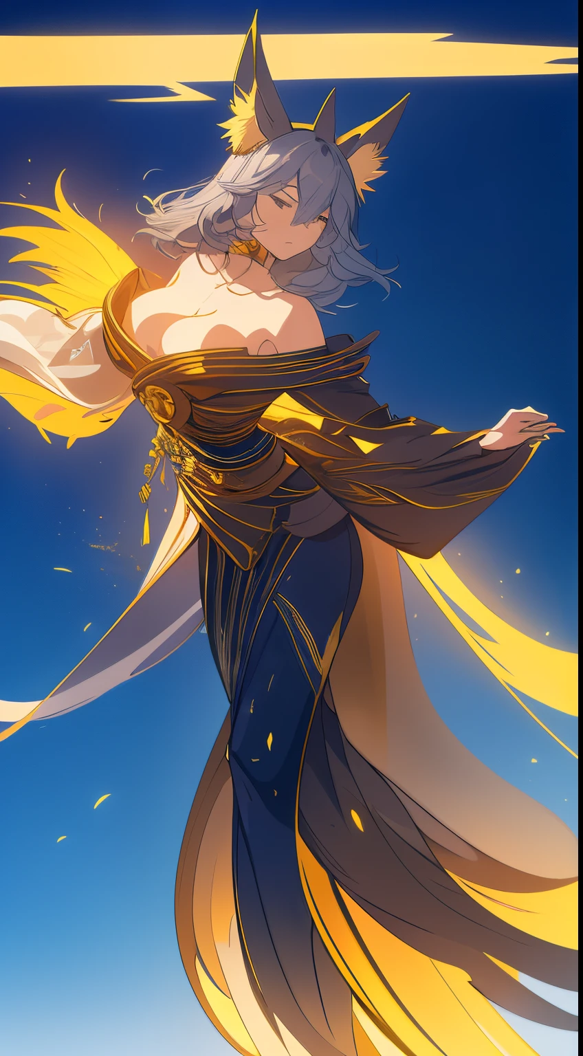 （（Wearing black and gold armor）），（gem outfit ），（Octane rendering 1.1 ），（（The body is wrapped in a blue-gray phantom）），（（Game skin design drawing）），（girl fox），Raised sexy，Blue flames are flying everywhere，feminine expression，Dancing in the air