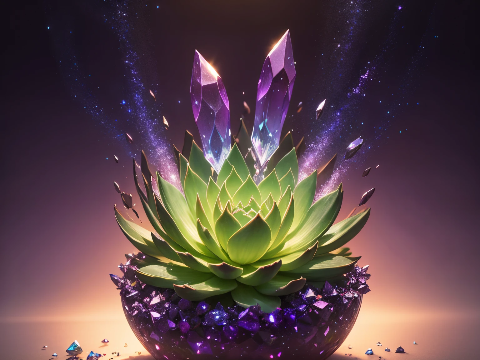 Succulent plant made of crystals ,fantasy, galaxy, transparent, flower blowing in the wind, shimmering, sparkling, splendid, colorful, magical photography, dramatic lighting, photo realism, ultra-detailed, 4k, Depth of field, High-resolution